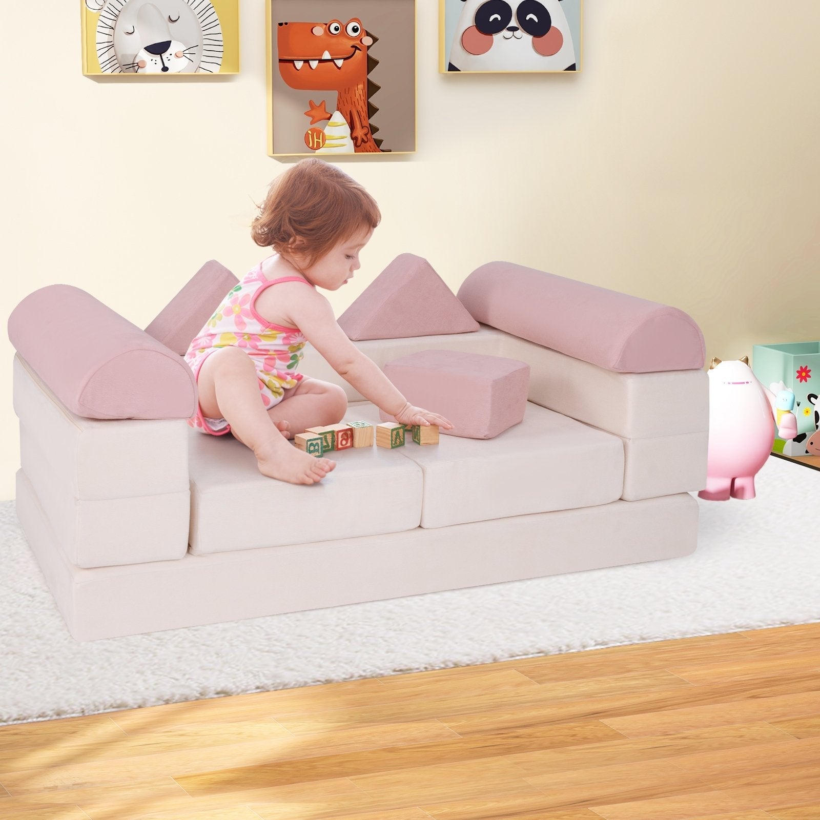 9-Piece Climb and Crawl Foam and Floor Playset with Breathable Suede Fabric-Beige