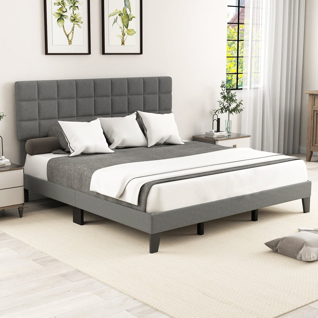 Full Size Modern Linen Bed Frame with Adjustable Headboard-Gray