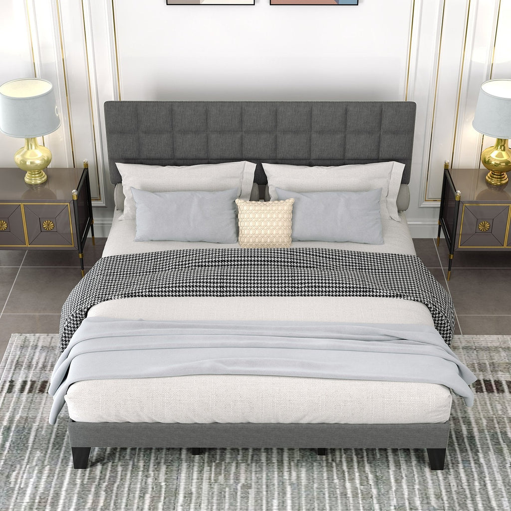 Full Size Modern Linen Bed Frame with Adjustable Headboard-Gray