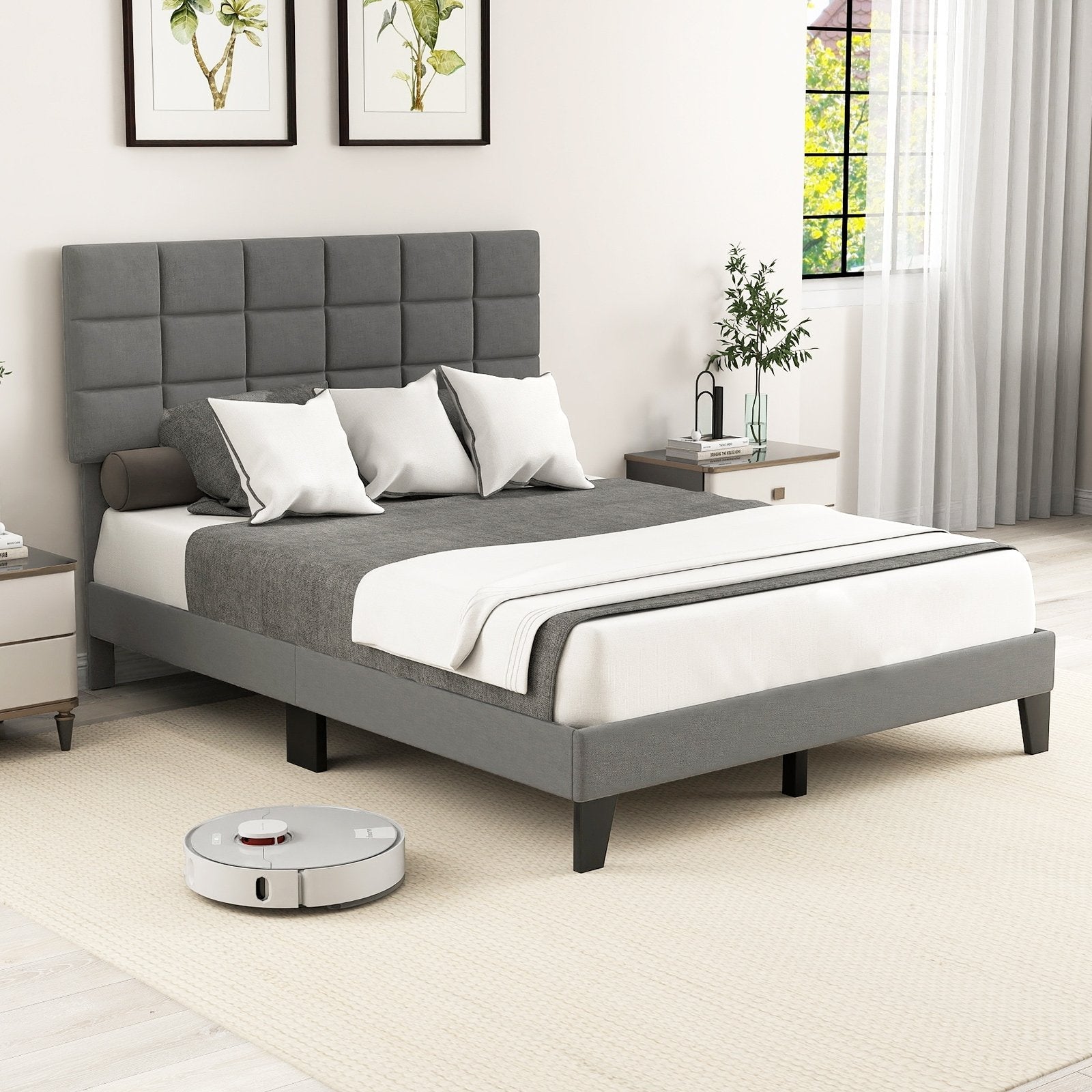 Full Size Modern Linen Bed Frame with Adjustable Headboard-Gray