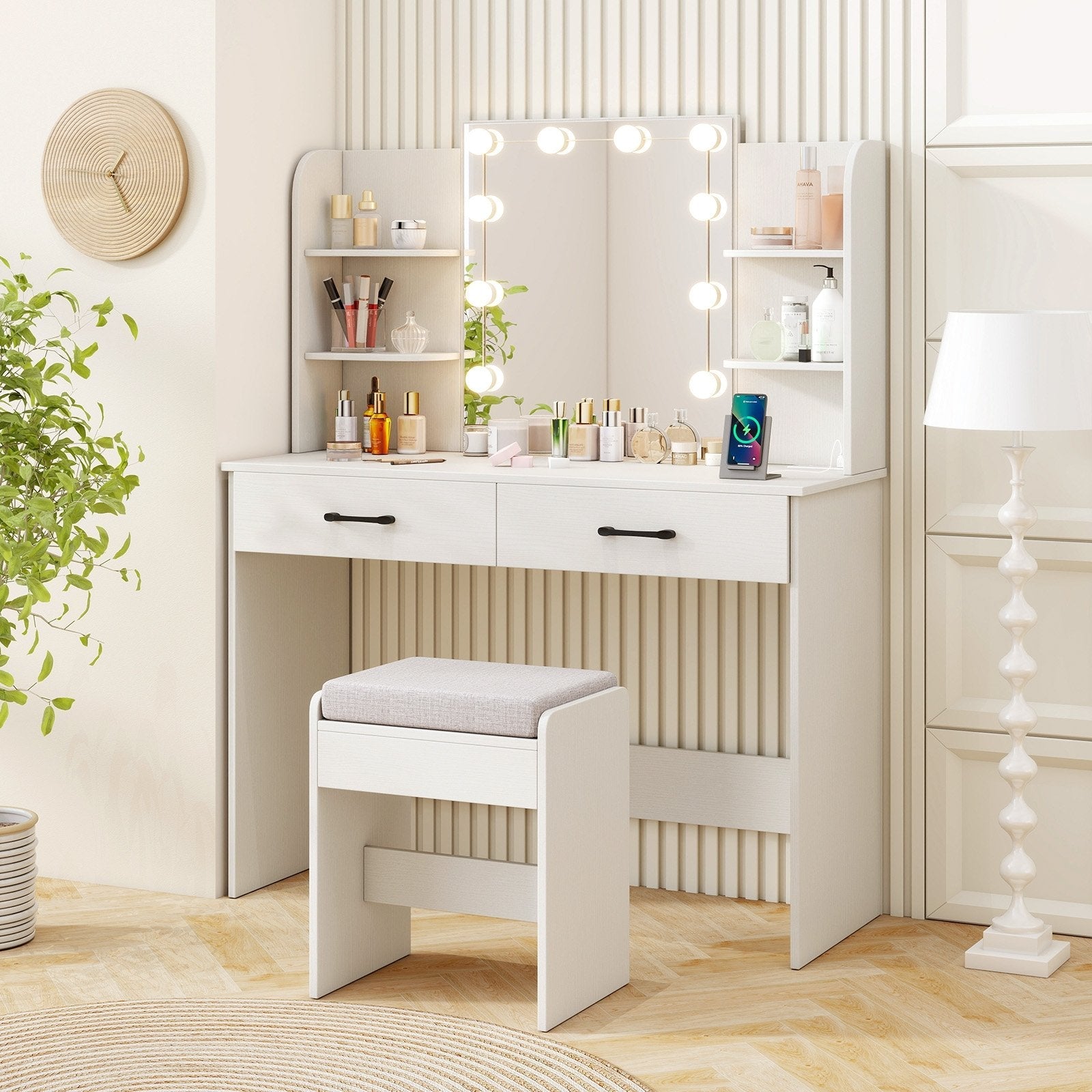 Vanity Set with Lighted Mirror and Stool with Power Outlet-Black