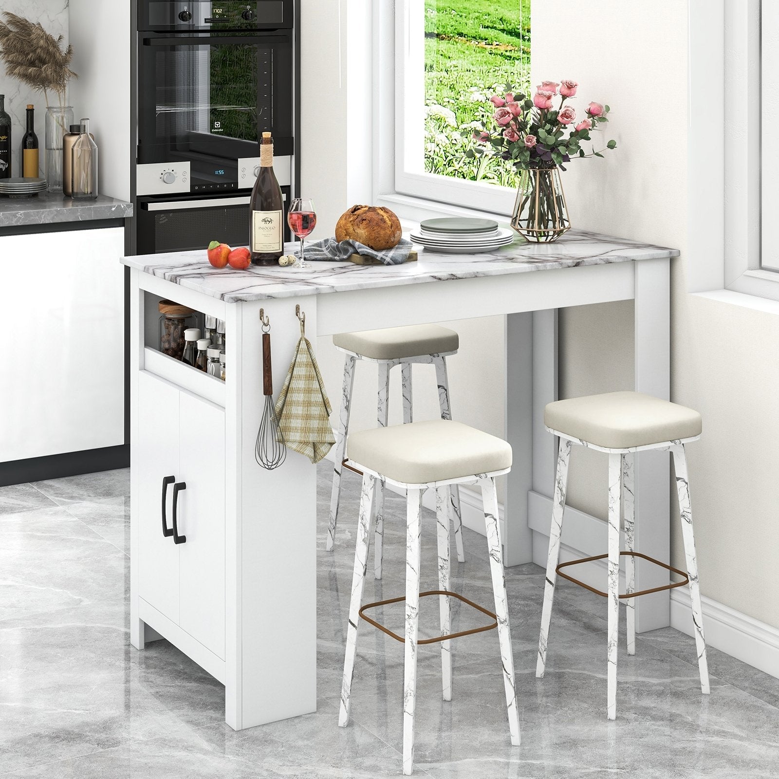 Bar Table Faux Marble Pub Table with 7 Hanging Hooks Compartment-White