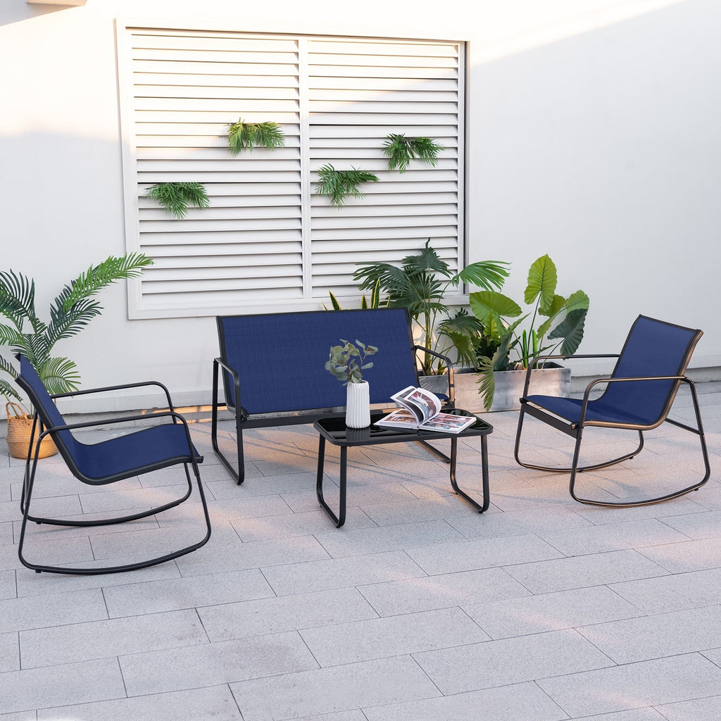4 Piece Patio Rocking Set with Glass-Top Table-Black