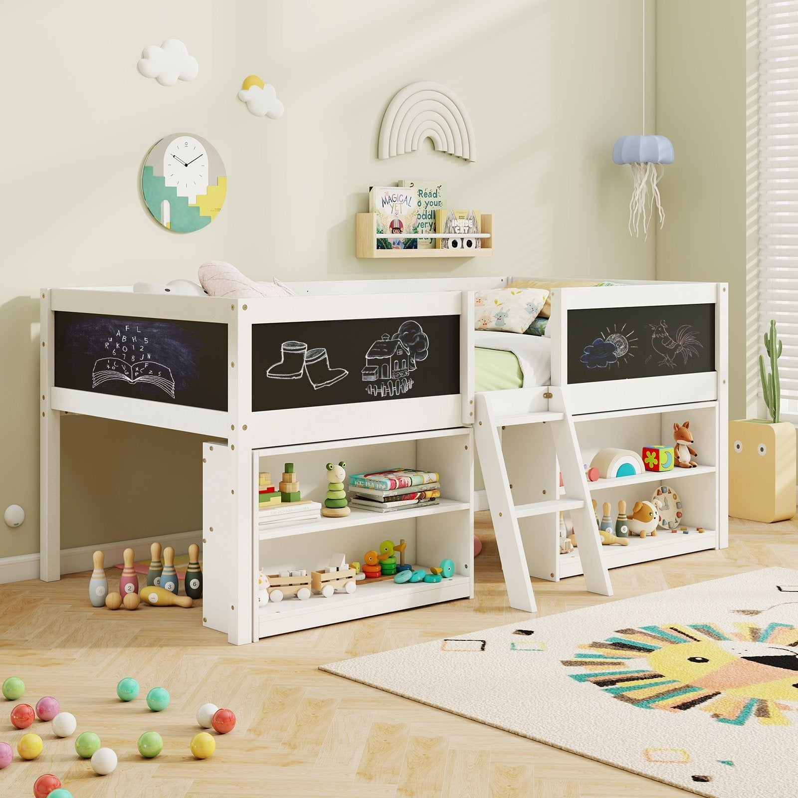 Kid Twin Size Low Loft Bed with Chalkboard Ramp Ladder and Bookcases-Gray