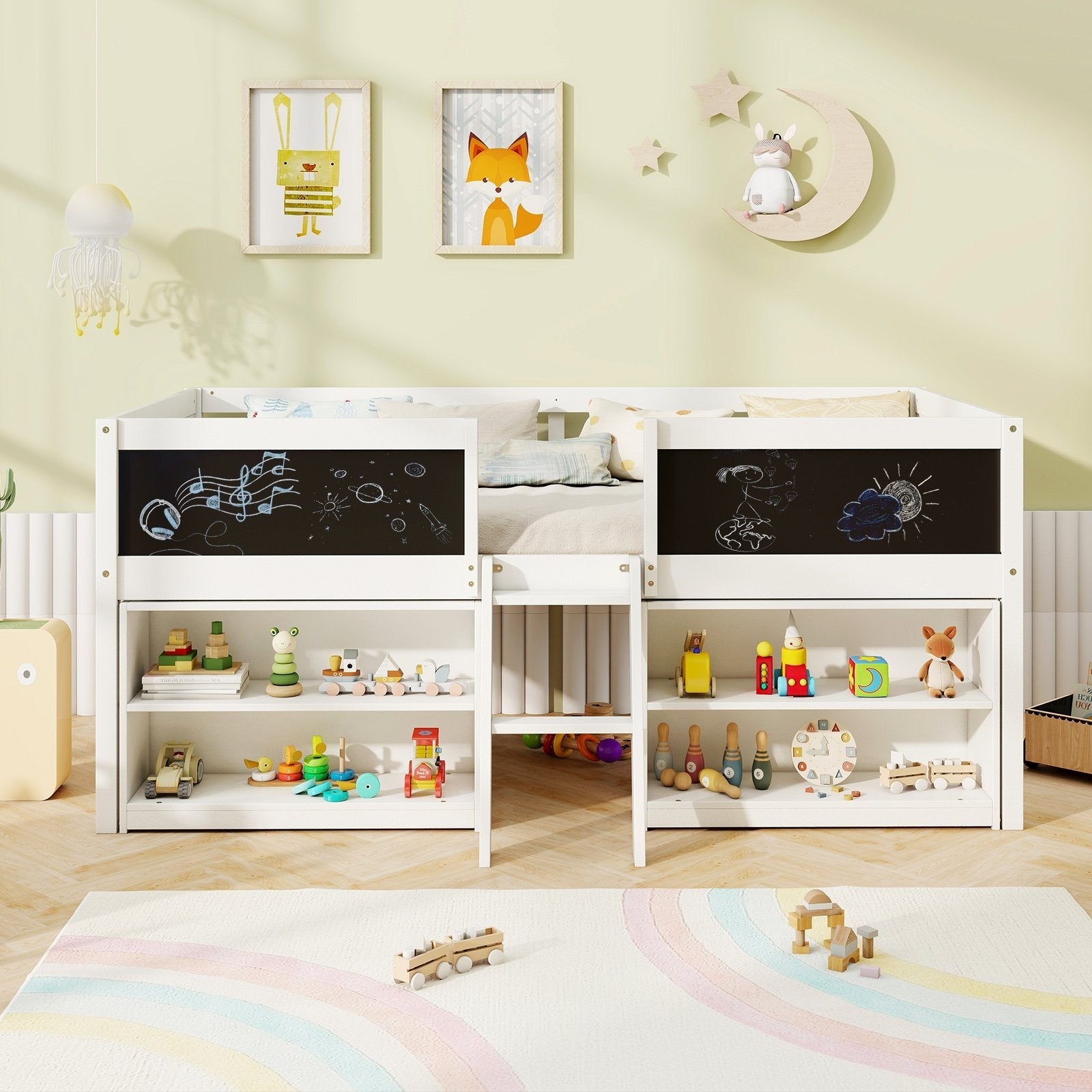 Kid Twin Size Low Loft Bed with Chalkboard Ramp Ladder and Bookcases-Gray