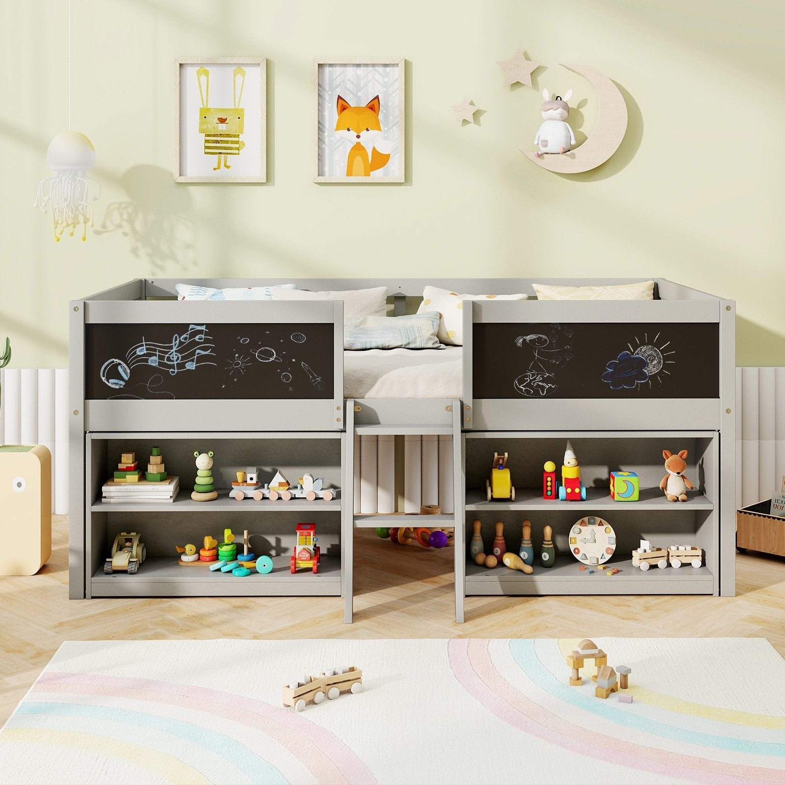 Kid Twin Size Low Loft Bed with Chalkboard Ramp Ladder and Bookcases-Gray