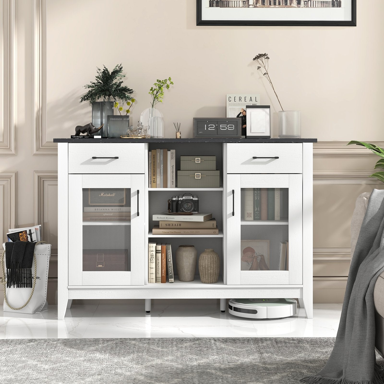 Sideboard Buffet Cabinet with 2 Drawers and 4 Adjustable Shelves-Black