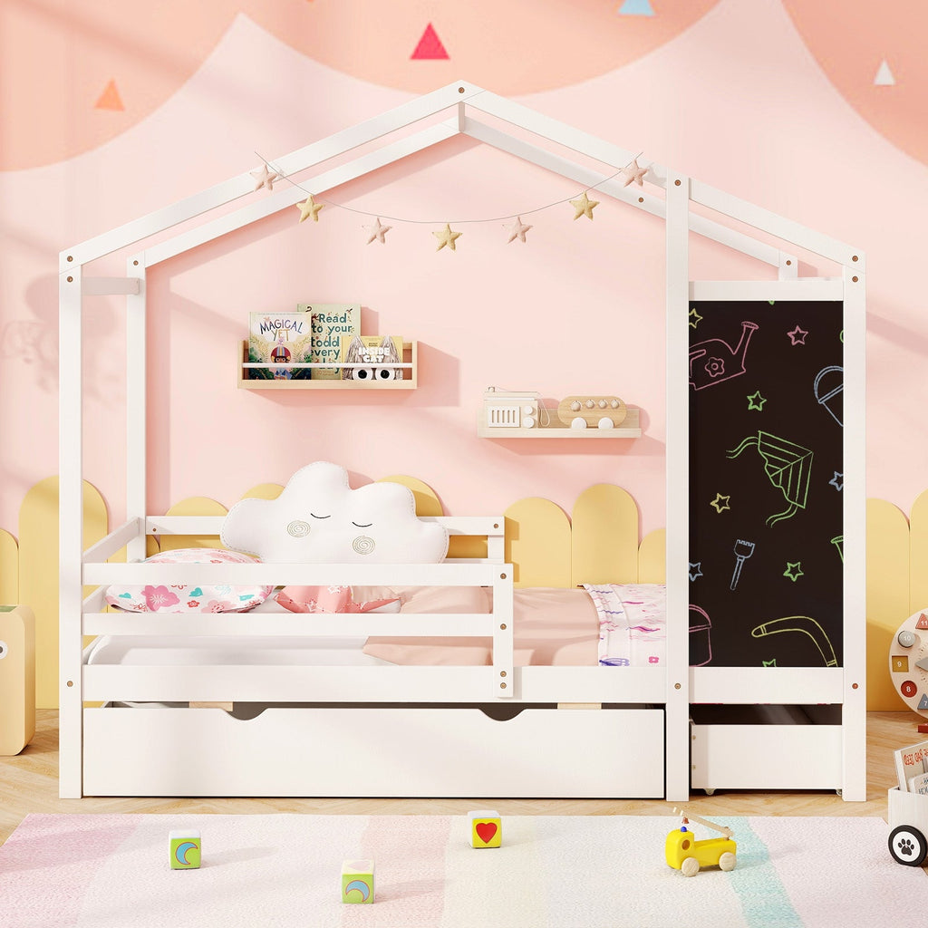 Kids Twin Size Bed with 2 Drawers Solid Wood Bed with Blackboard-Gray