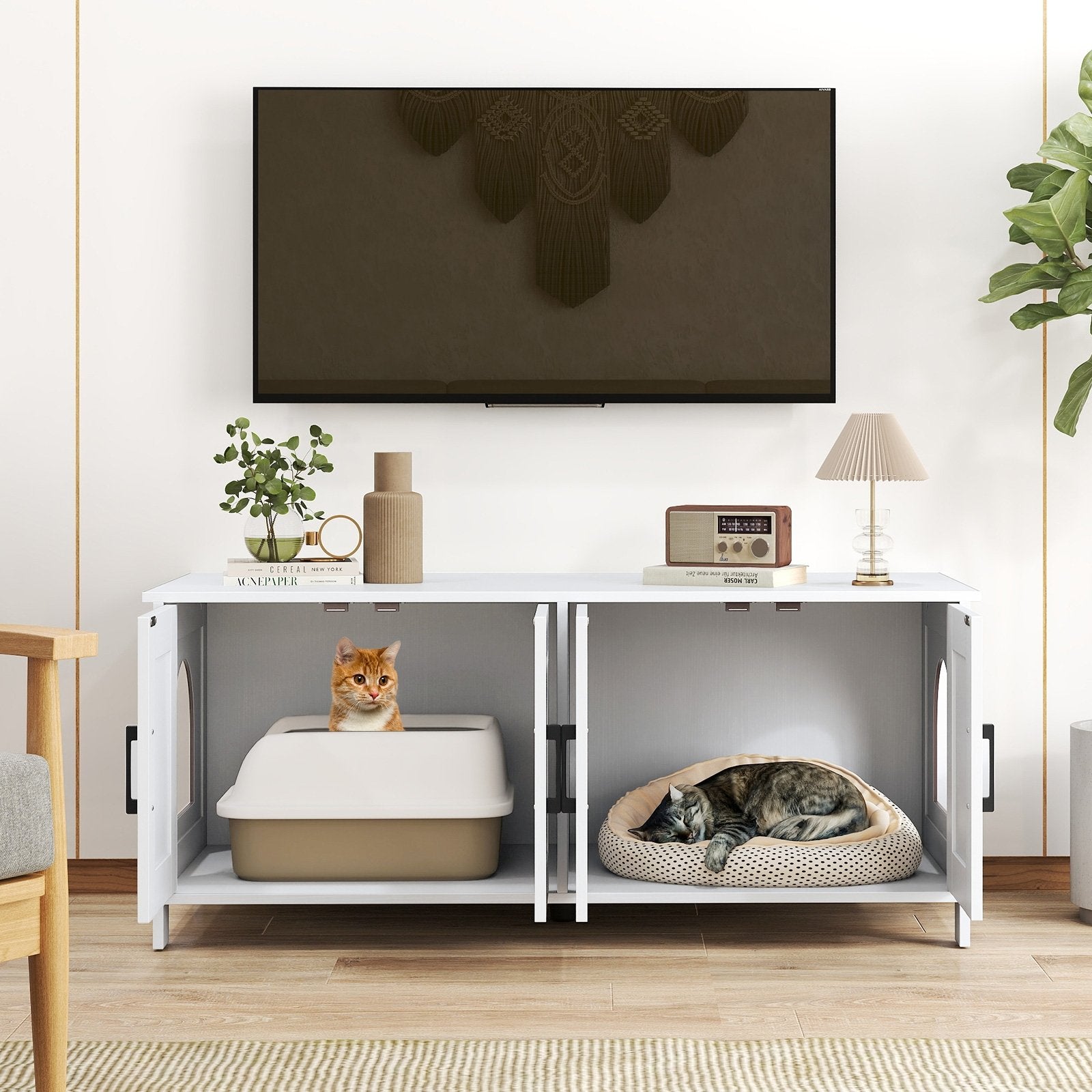 Cat Litter Box Enclosure for 2 Cats Modern Kitty Litter Box Furniture Hidden-Oak