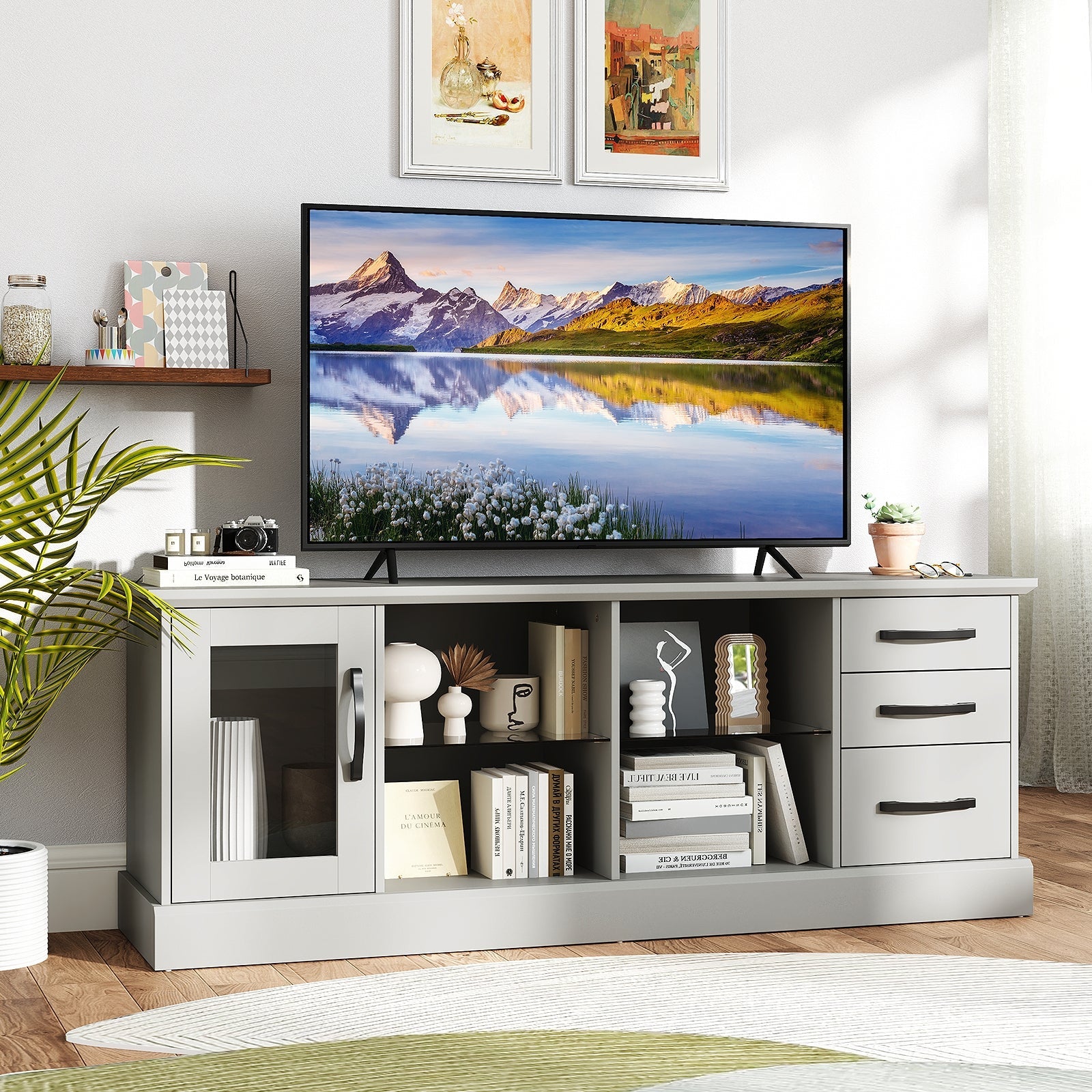 63 Inches Media Console Table with 3 Drawers and 2 Glass Shelves-Black
