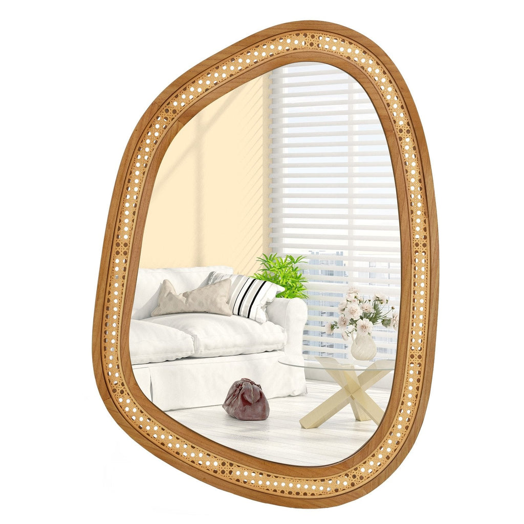 33 Inches x 23.5 Inches Irregular PVC Rattan Wall Mirror with Wooden Frame-Natural