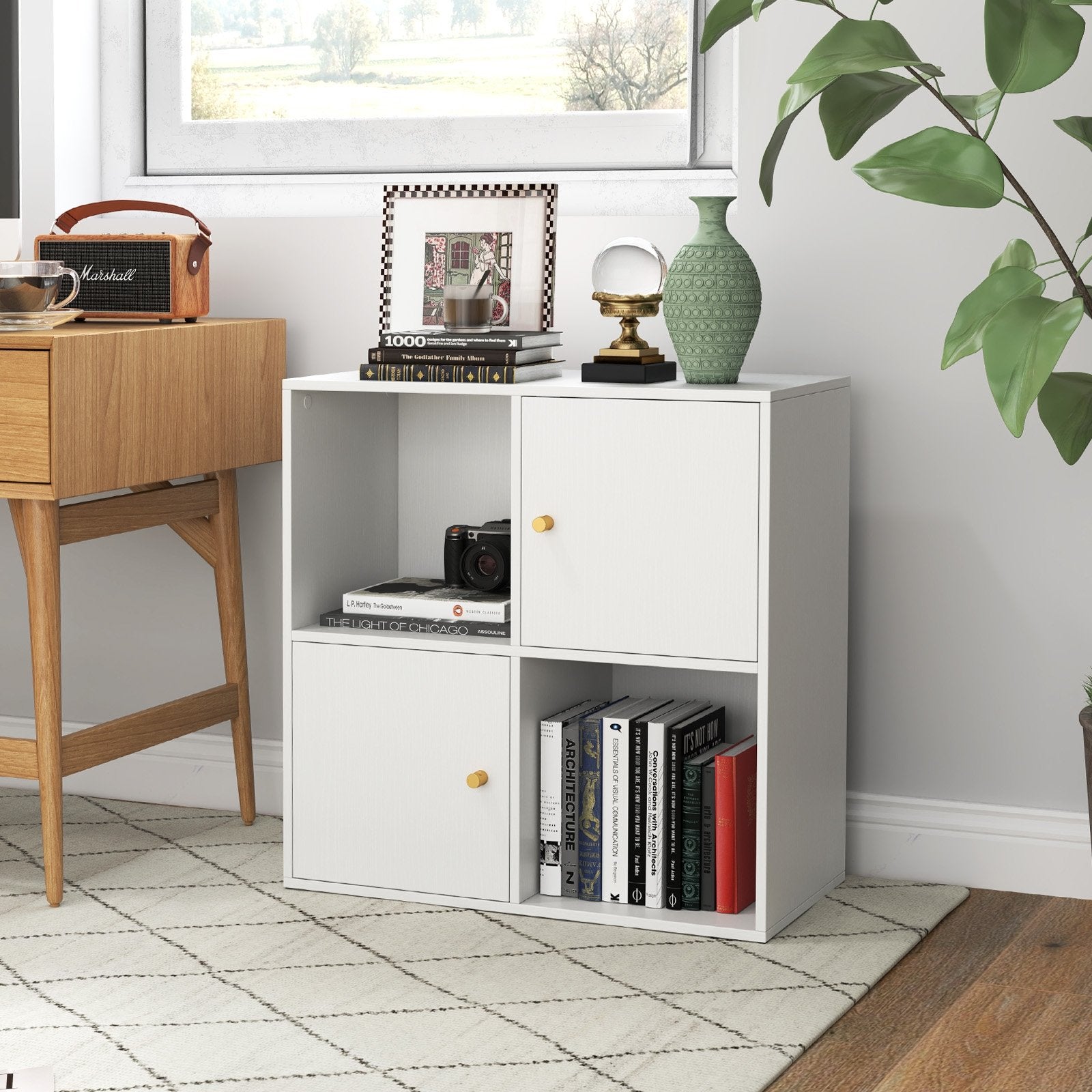 4-Cube Bookcase 3-Tier Bookshelf with Dual Anti-Tipping Kits and 2 Cabinets-Natural
