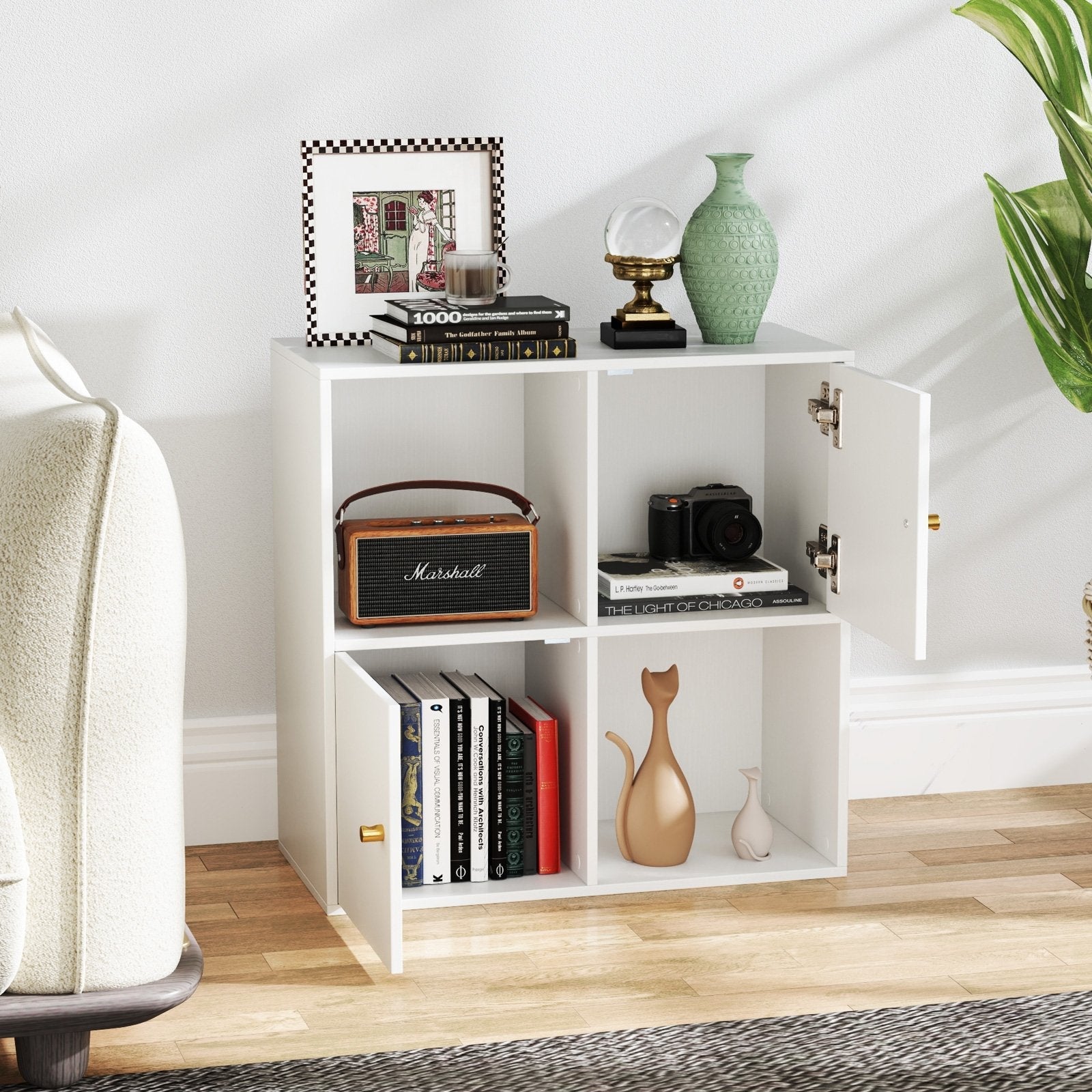 4-Cube Bookcase 3-Tier Bookshelf with Dual Anti-Tipping Kits and 2 Cabinets-Natural