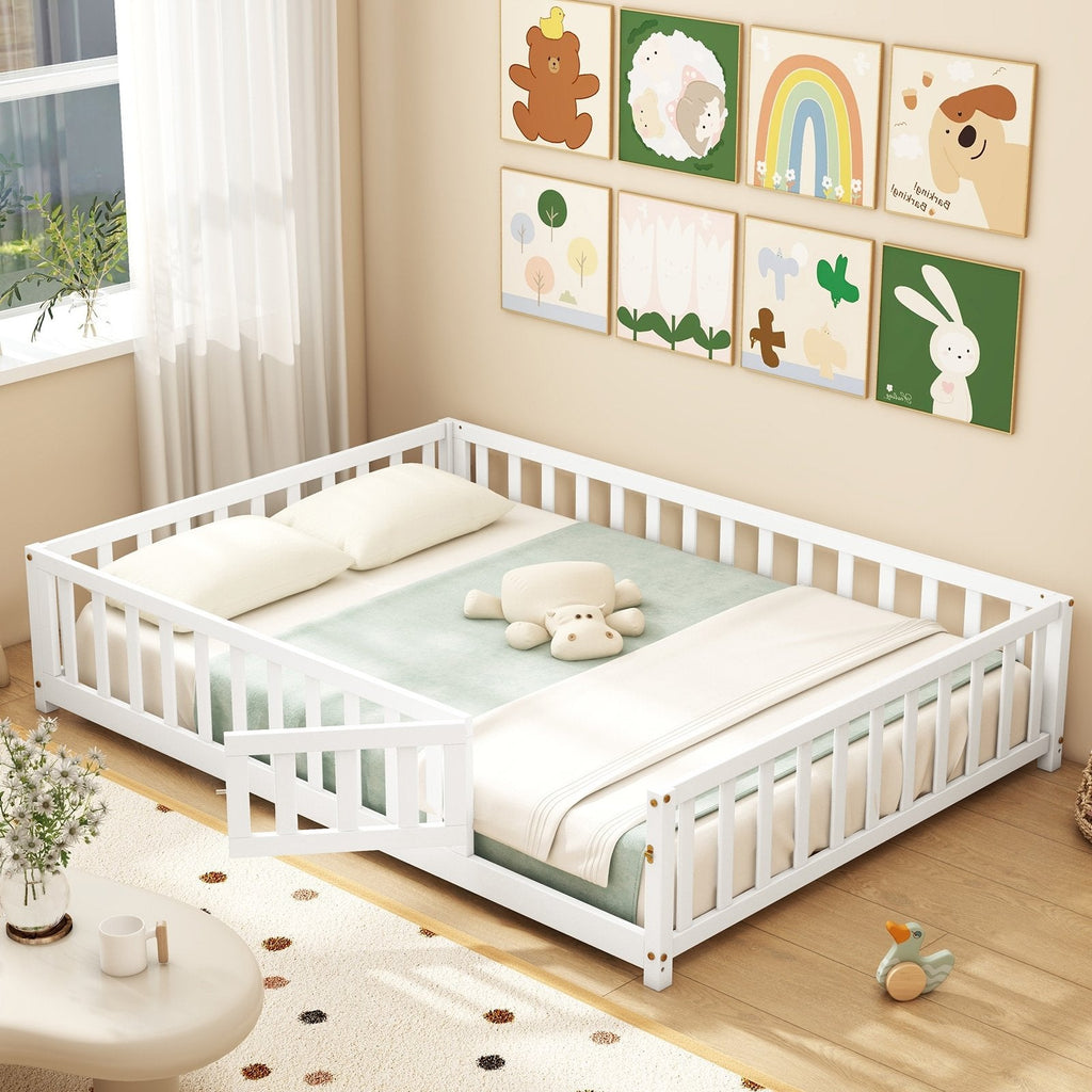 Montessori Bed Frame with Full-length Guardrails Safety Door and Latch-Gray