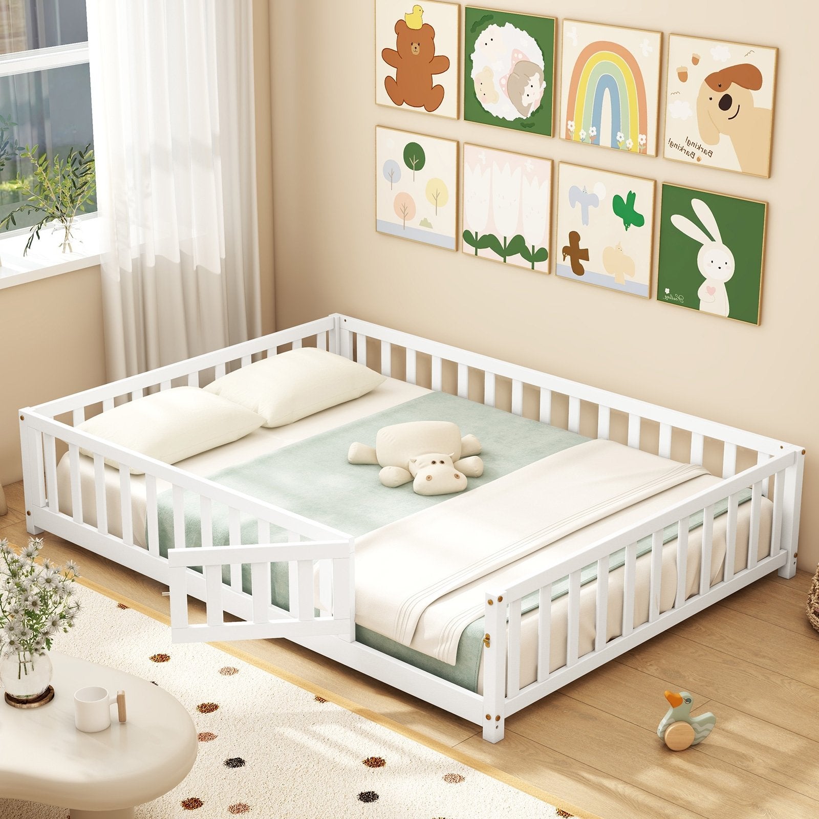 Montessori Bed Frame with Full-length Guardrails Safety Door and Latch-Gray