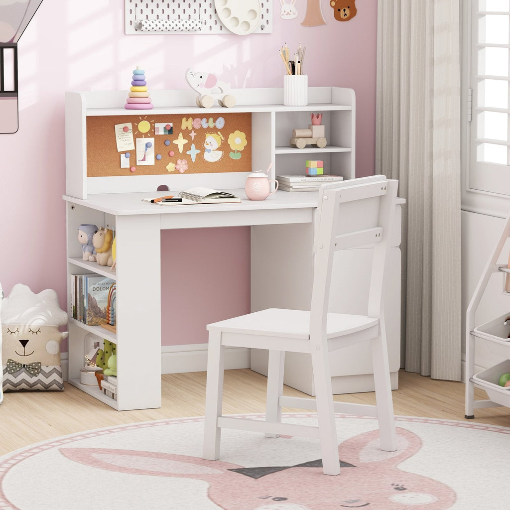 Kids Desk and Chair Set with Hutch and 3-Layer Side Shelf-Pink