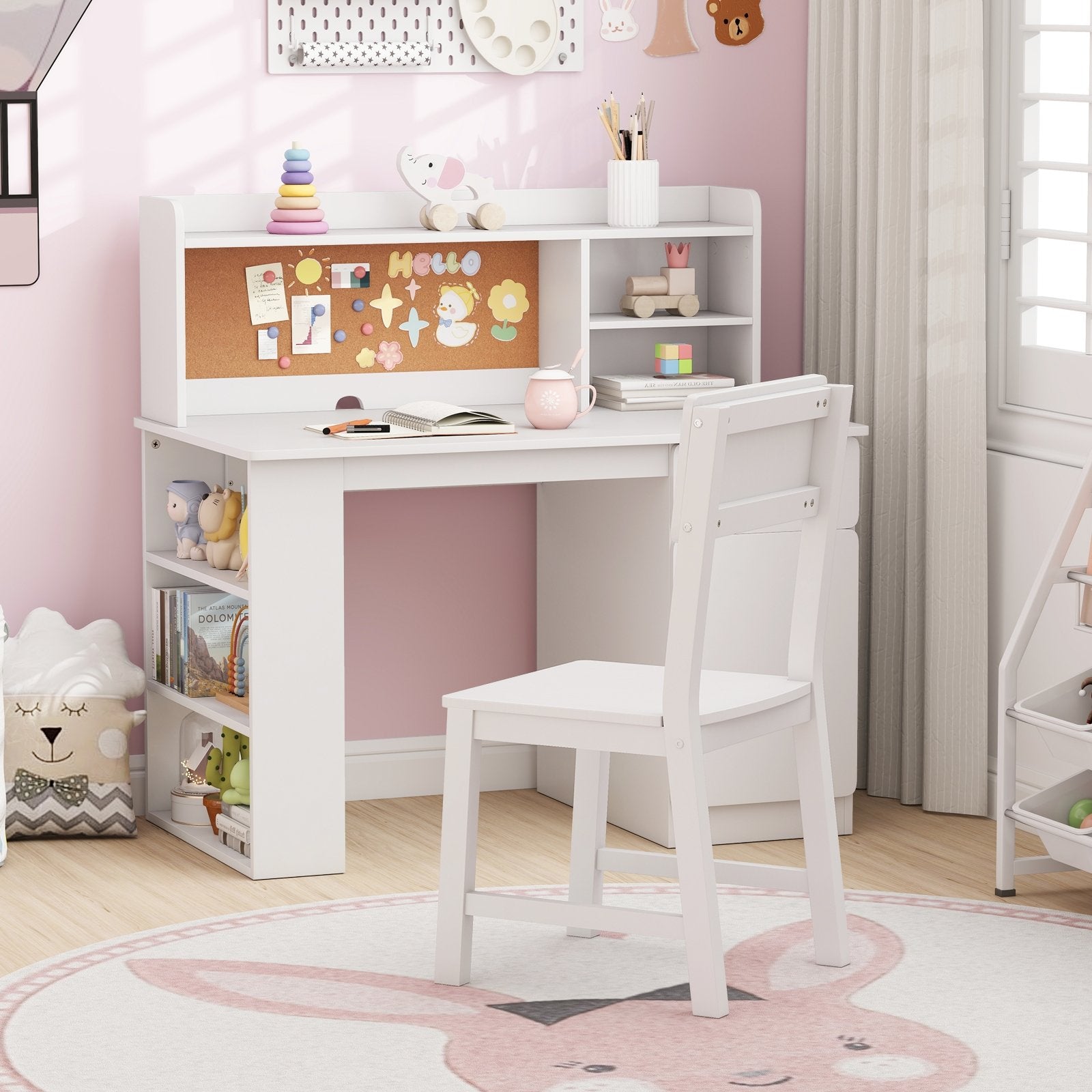 Kids Desk and Chair Set with Hutch and 3-Layer Side Shelf-Pink