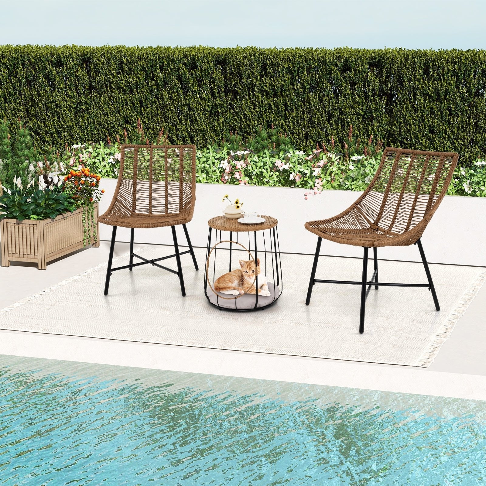 3 Piece Outdoor Furniture Set with Pet Housefor Patio Yard-Brown