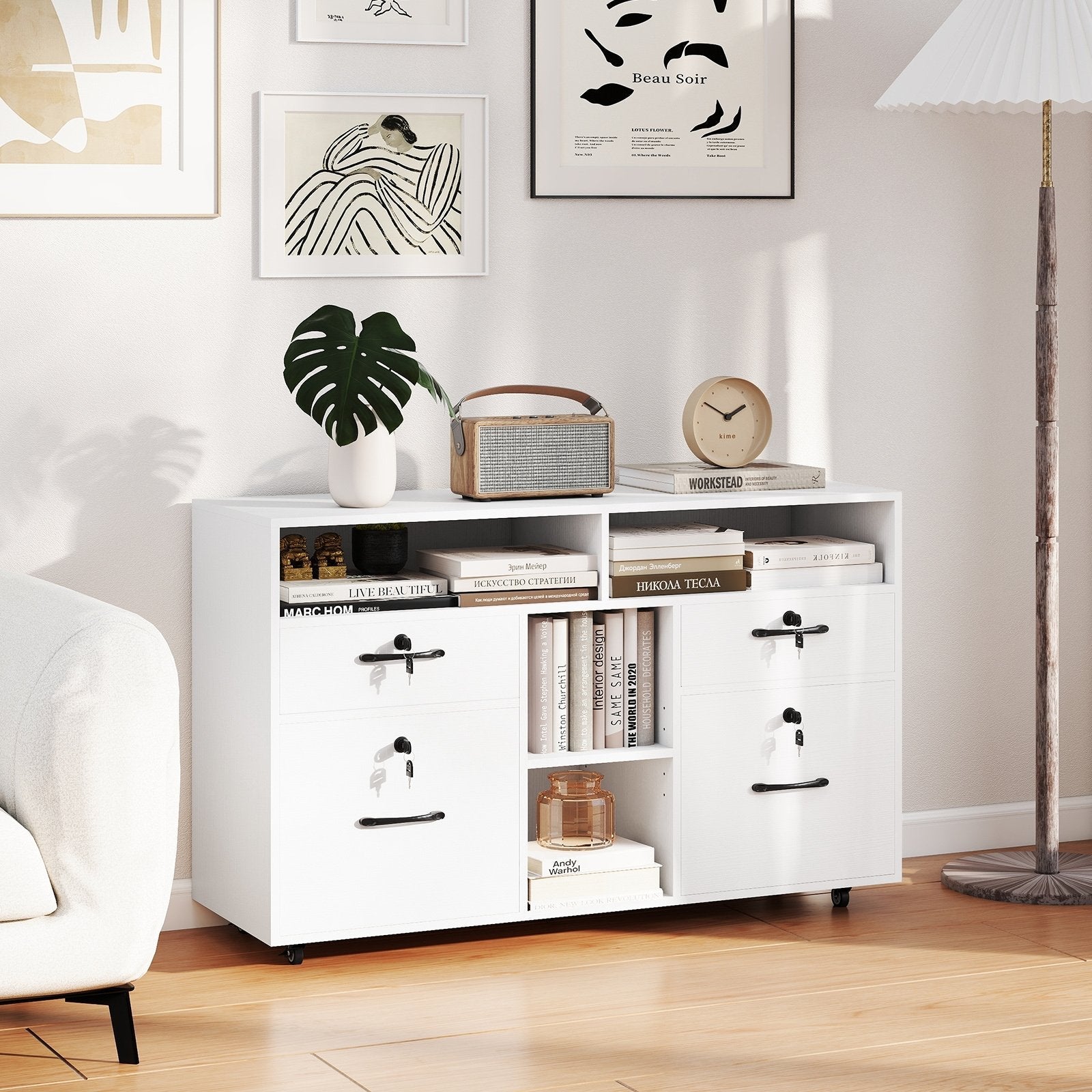 File Cabinet with Lock Mobile Lateral Filing Storage Organizer Modern Rolling Printer Stand-Black