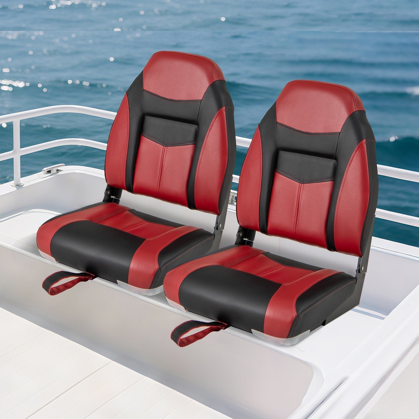 2 Pieces High Back Folding Boat Seat Set with Sponge Cushion-Blue
