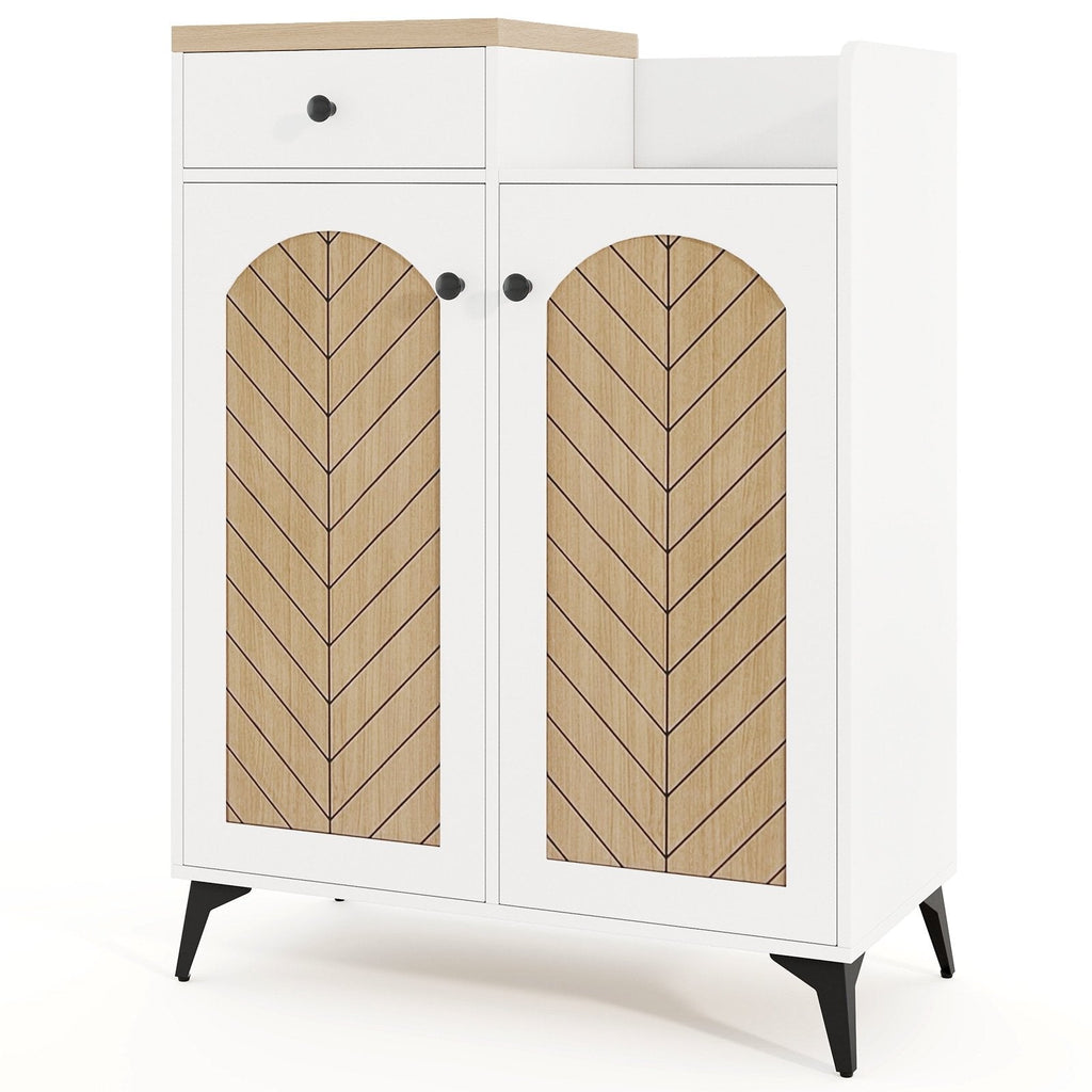 2-Door Shoe Rack Organizer with Drawer and 6 Removable Shelves-White