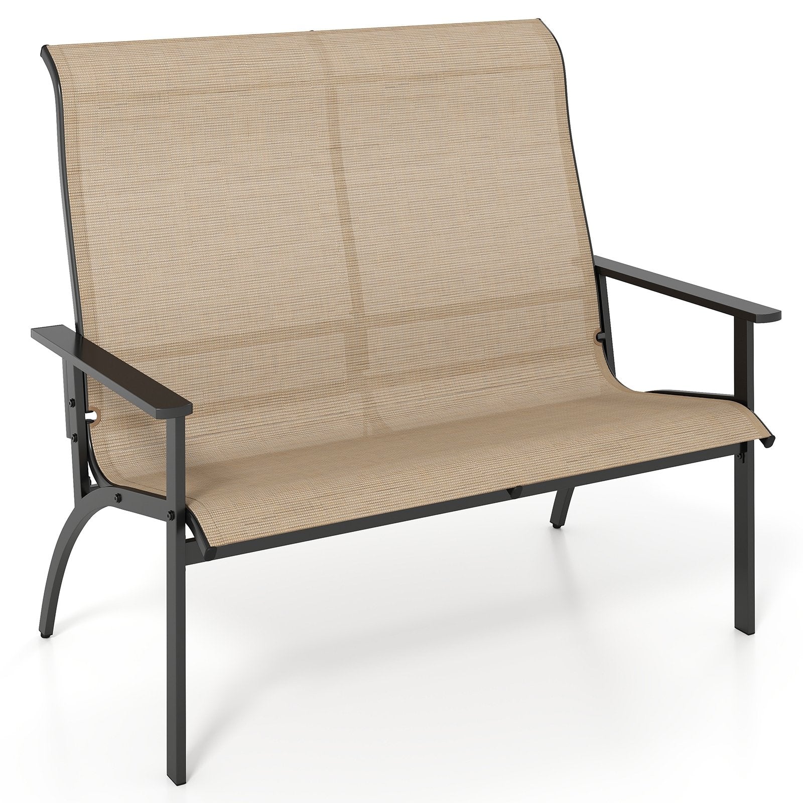 2-Person Patio Garden Bench with High Back and Armrests-Coffee