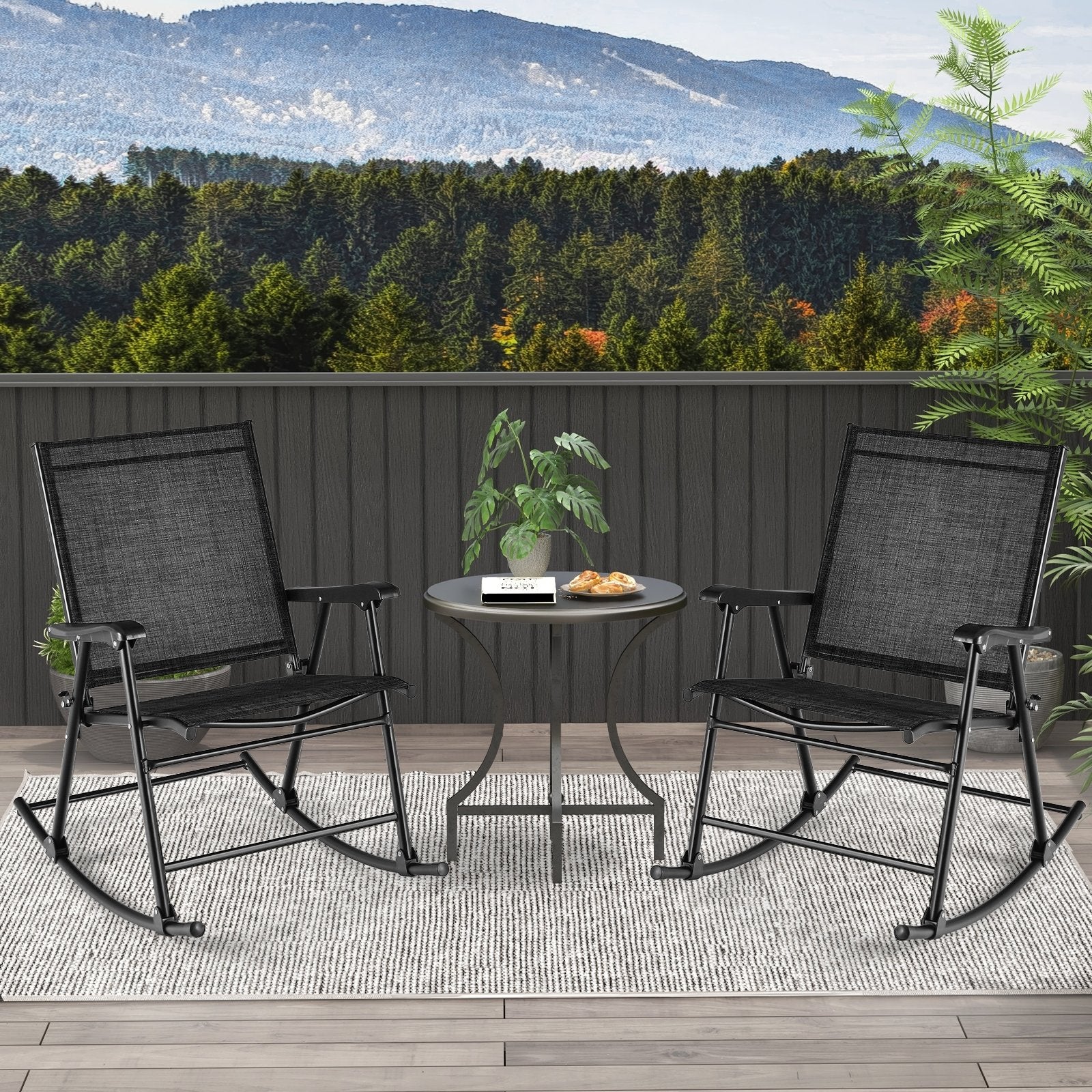 Folding Rocking Chair with Breathable Seat Fabric Set of 2-Black