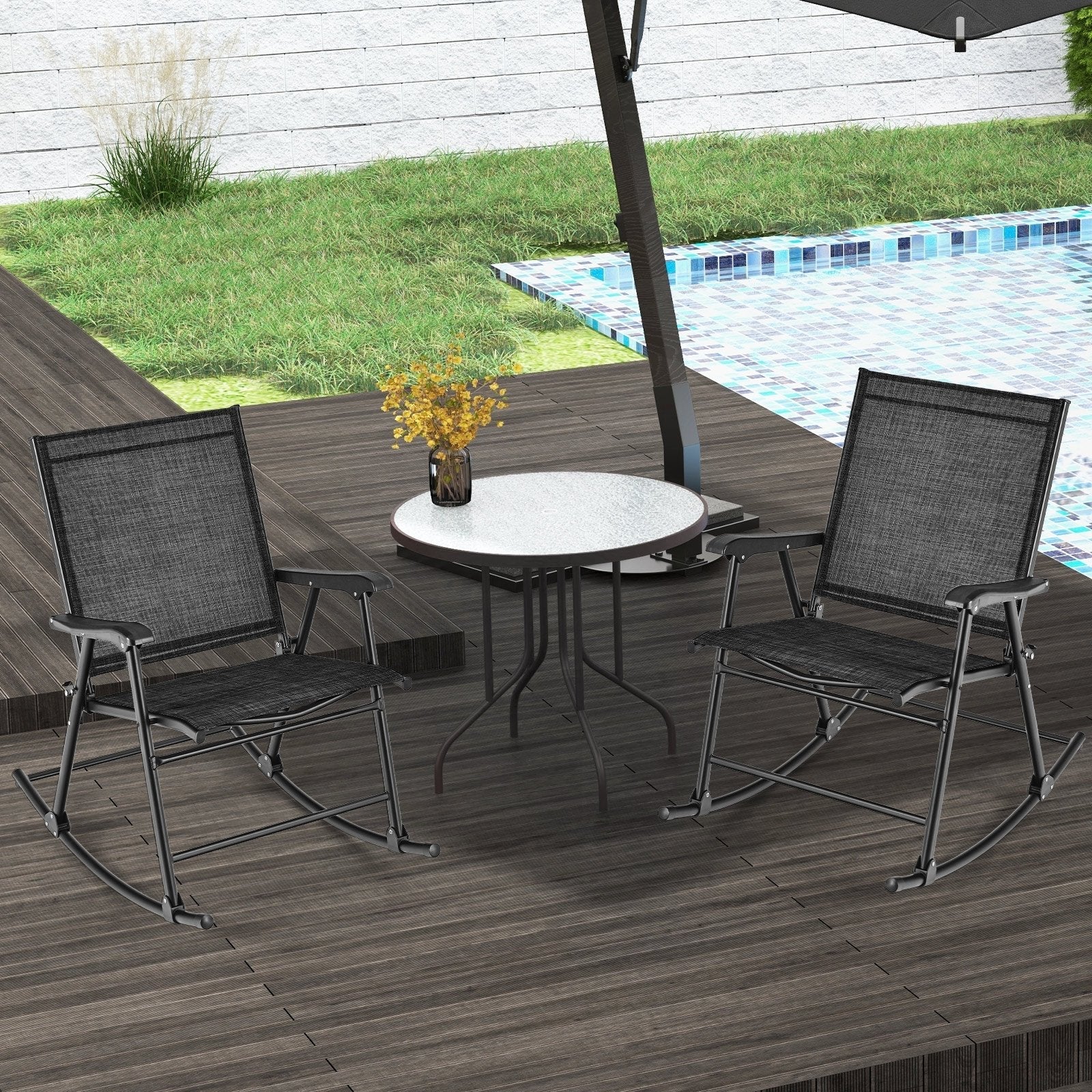Folding Rocking Chair with Breathable Seat Fabric Set of 2-Black