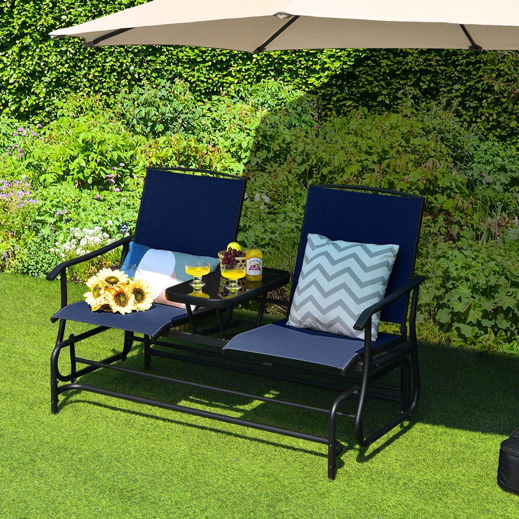 2-Person Double Rocking Loveseat with Mesh Fabric and Center Tempered Glass Table