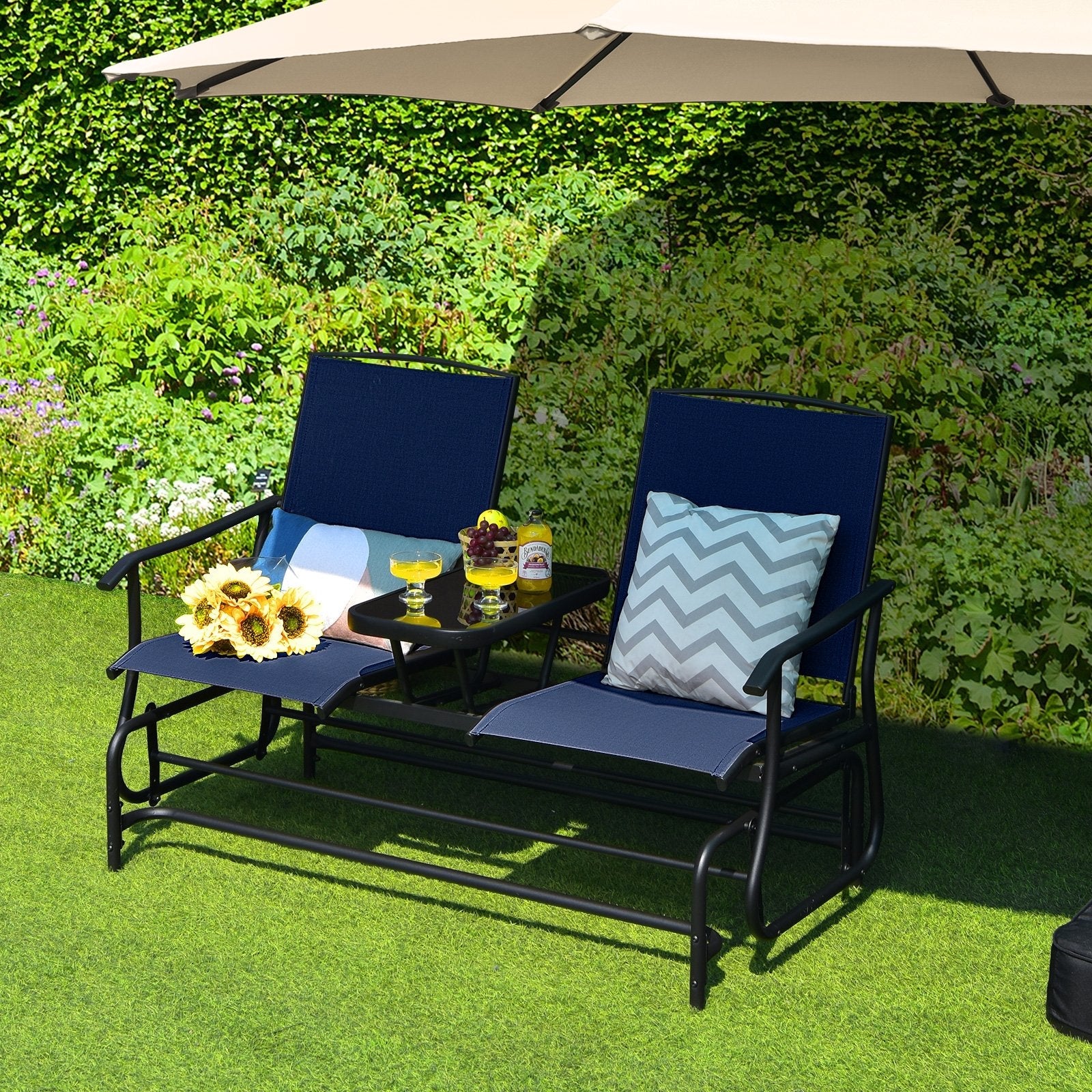 2-Person Double Rocking Loveseat with Mesh Fabric and Center Tempered Glass Table