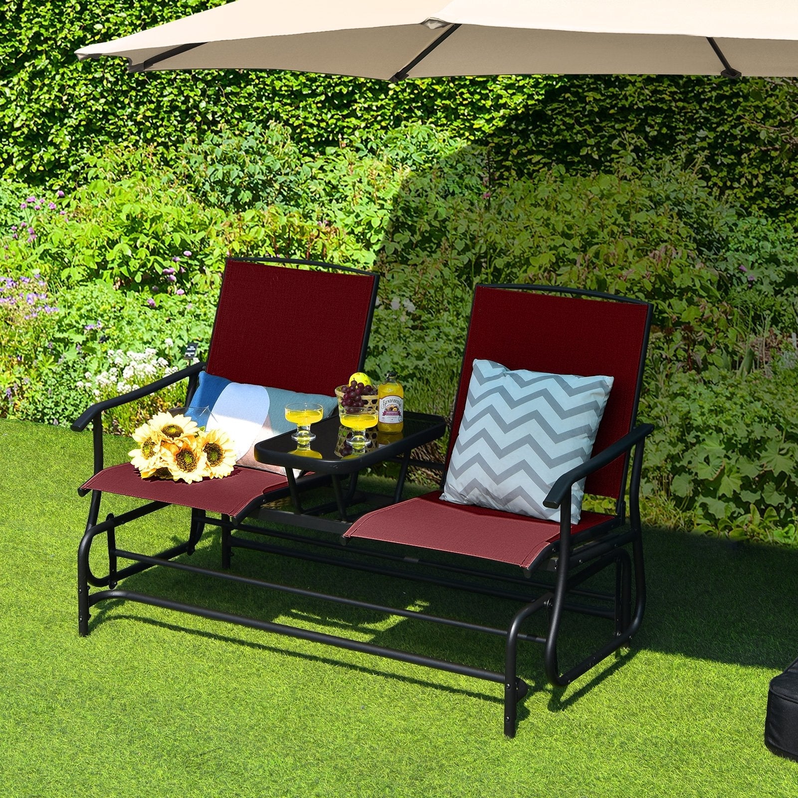 2-Person Double Rocking Loveseat with Mesh Fabric and Center Tempered Glass Table