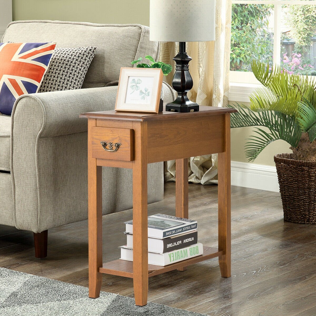 2 Tier End Bedside Sofa Side Table Narrow Nightstand-Black