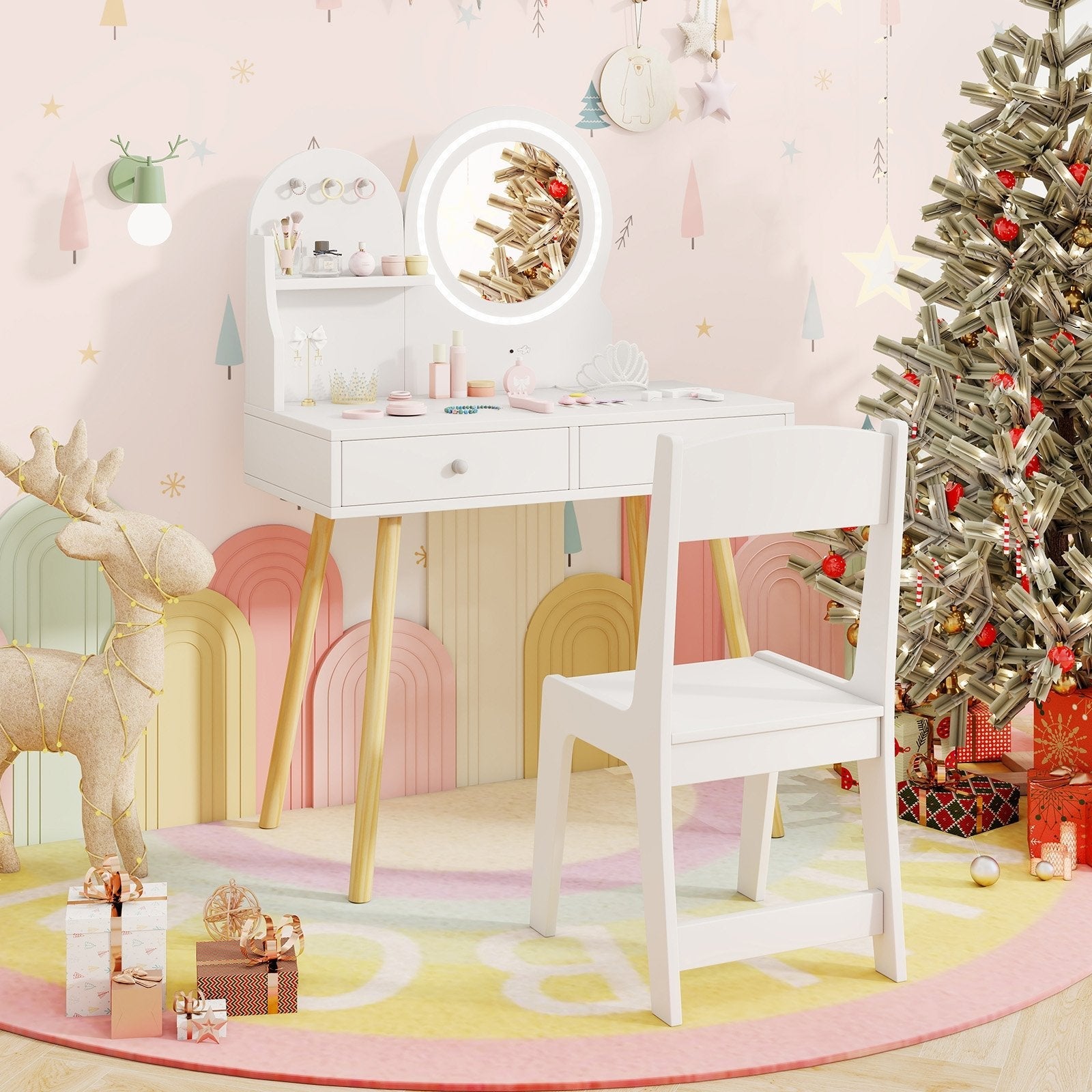 Kids Princess Makeup Dressing Desk and Chair Set with Mirror and Lights-Pink