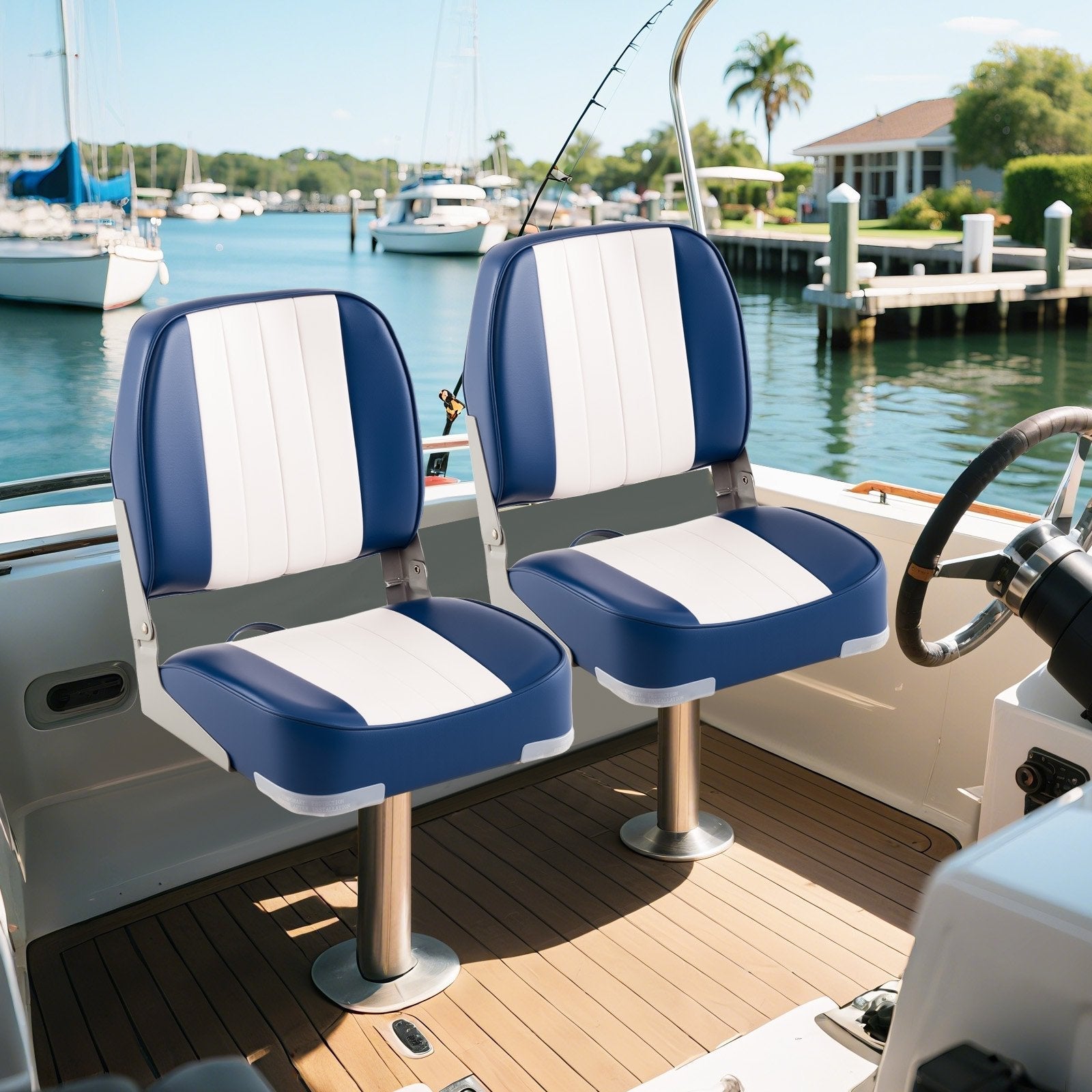 2-Pack Boat Seats Folding Low Back Boat Chairs Waterproof PVC Leather Cabin Seating-Blue