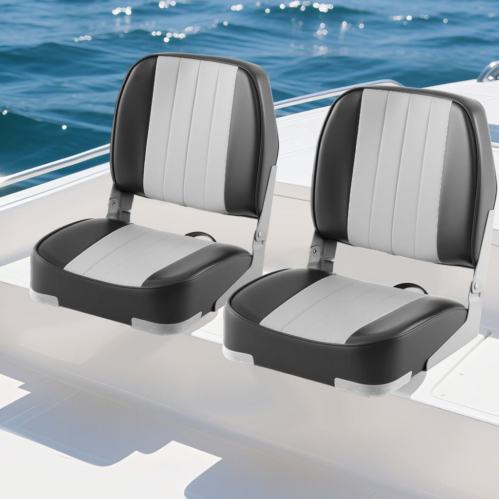 2-Pack Boat Seats Folding Low Back Boat Chairs Waterproof PVC Leather Cabin Seating-Blue