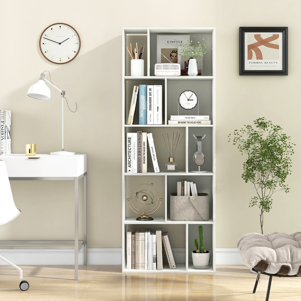 63 Inch 5-Tier Geometric 10-Cube Bookshelf Tall Bookcase-White
