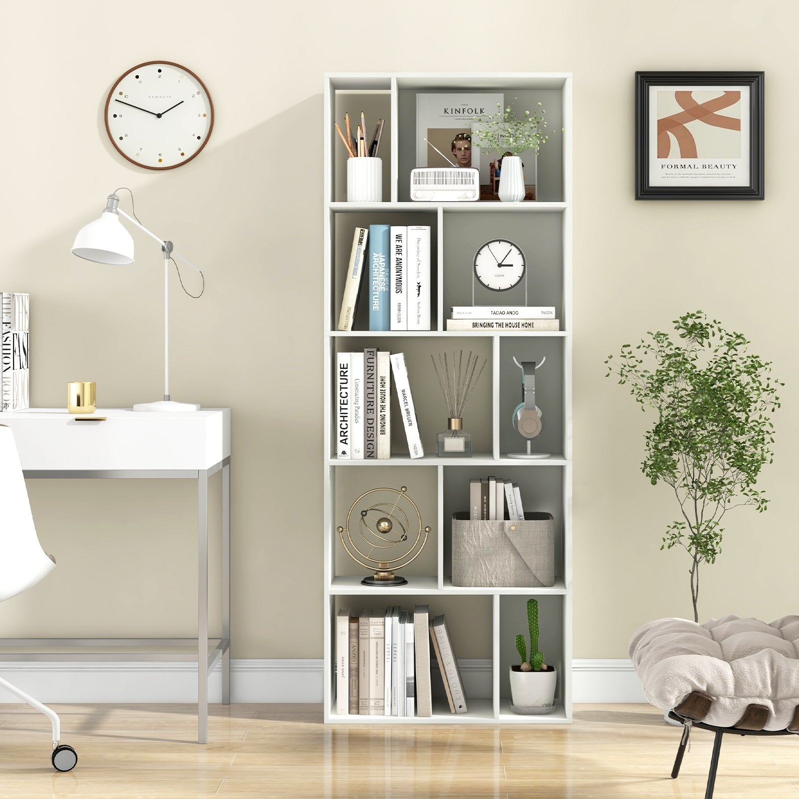 63 Inch 5-Tier Geometric 10-Cube Bookshelf Tall Bookcase-White