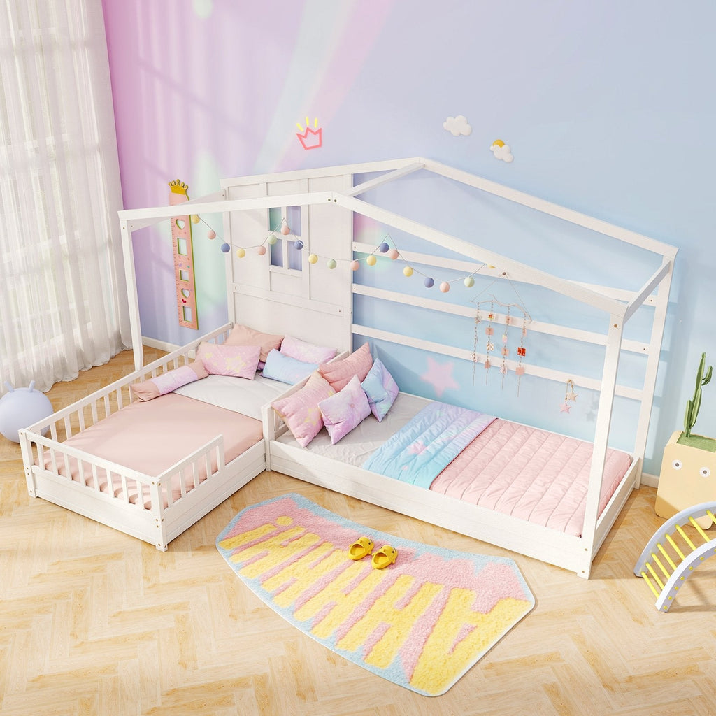 L-shaped Double Twin Beds House Platform Beds with Fences Corner Bed Frame-Gray