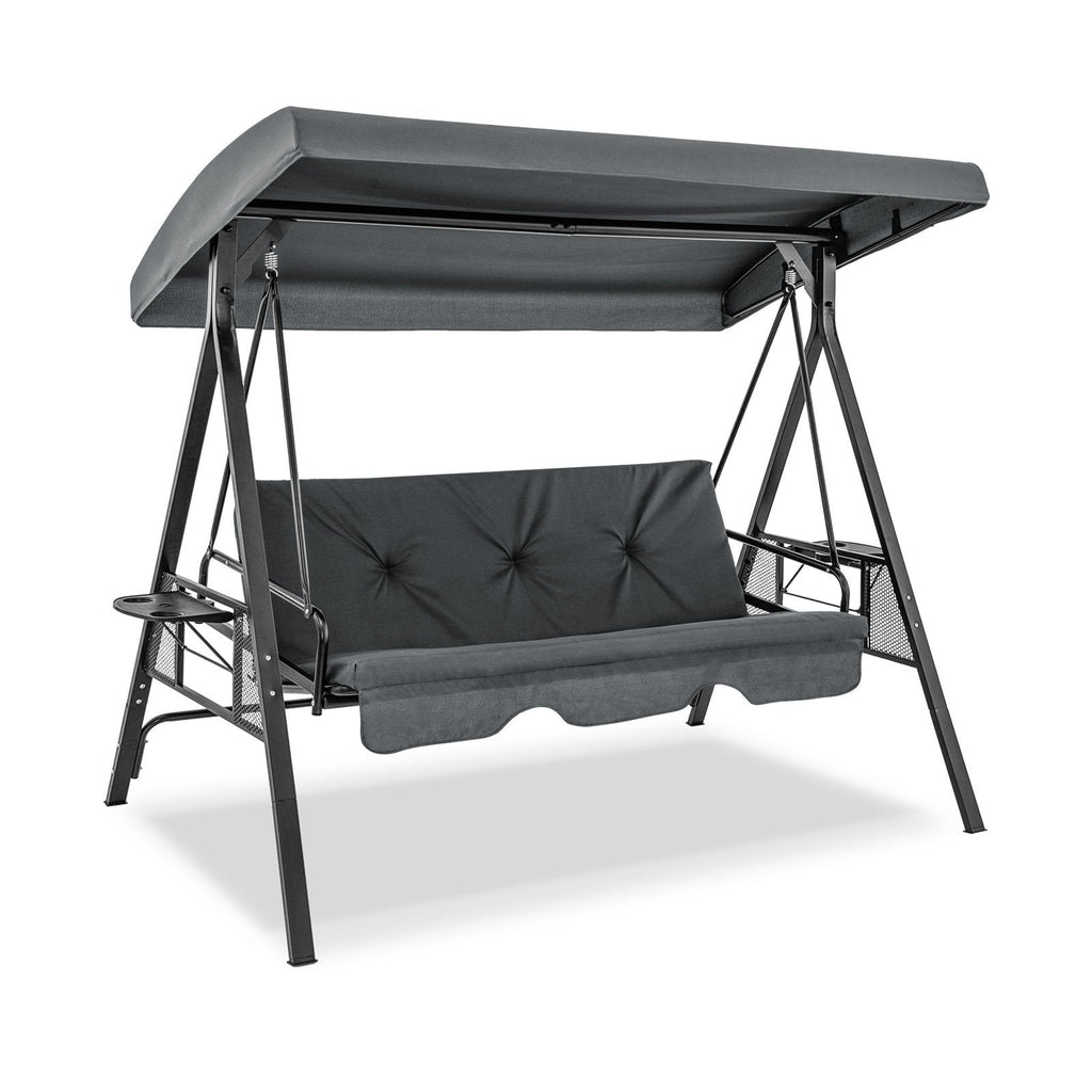 Convertible 3-Seat Patio Porch Swing Chair to Flat Bed with Adjustable Canopy-Brown