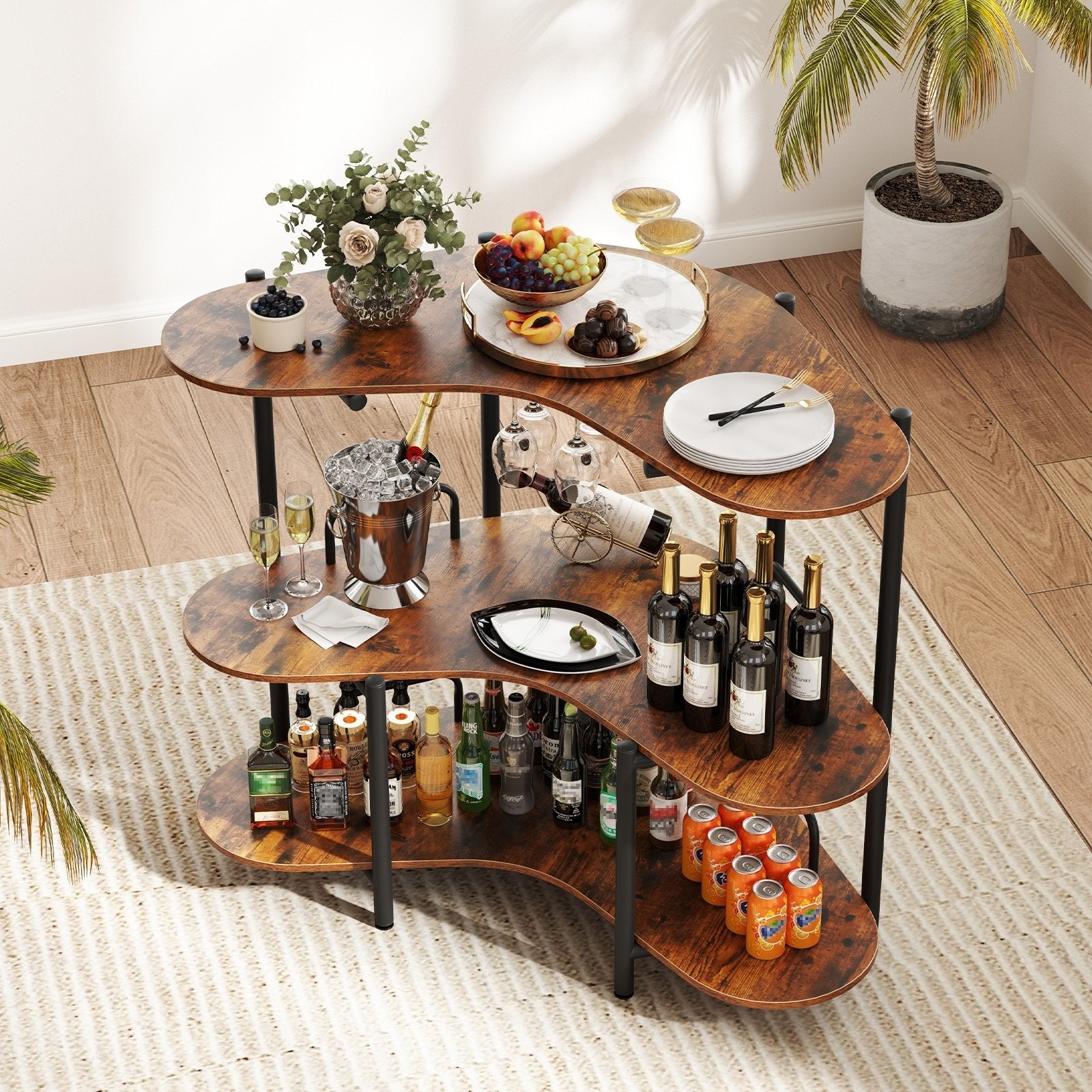 3-Tier Liquor Bar Table with Stemware Racks and Storage Shelves-Black