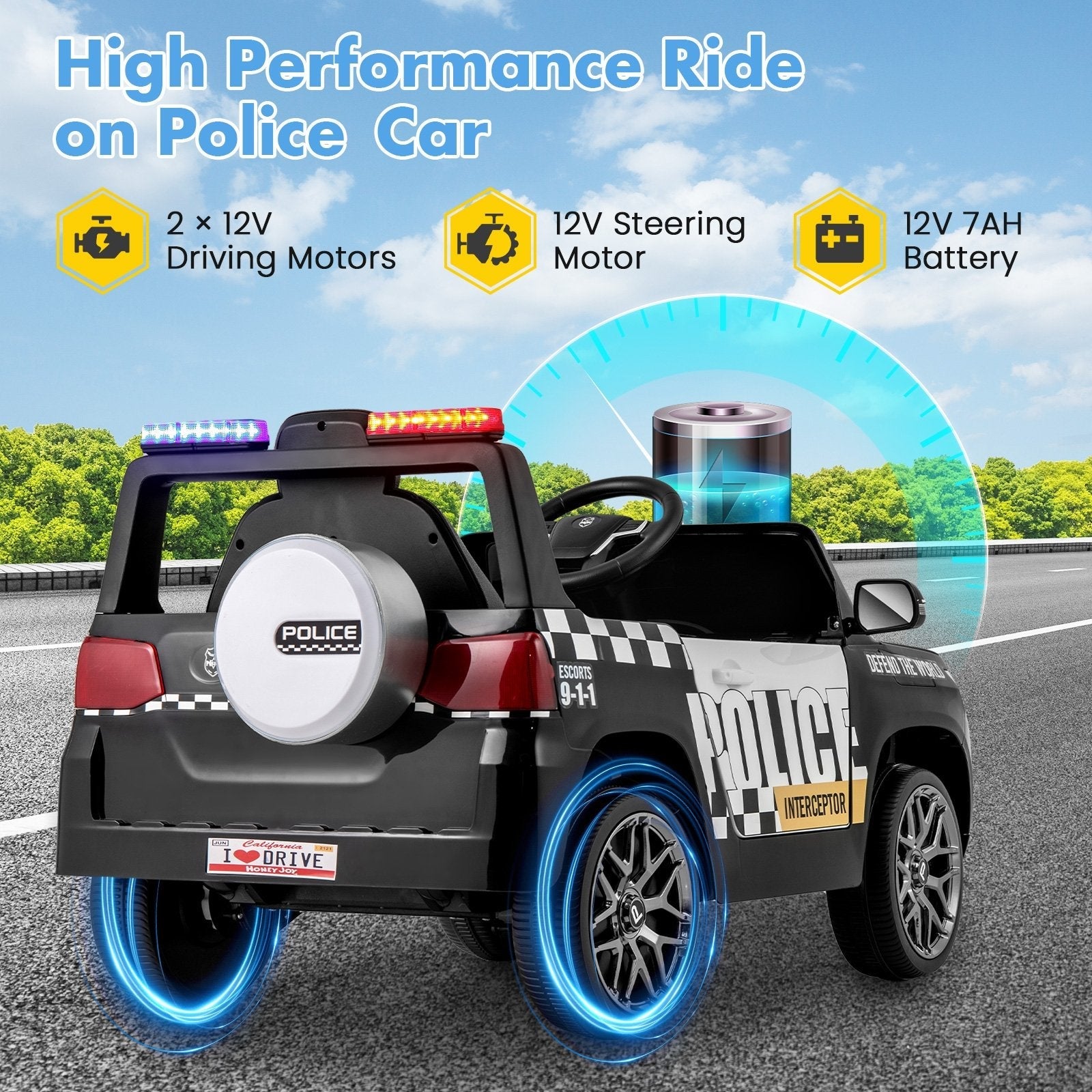12V Kids Ride on Police Car with Remote and Siren Flashing Lights-Black