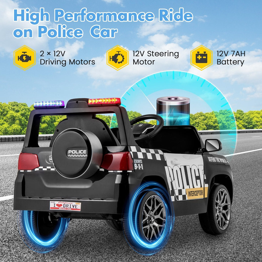 12V Kids Ride on Police Car with Remote and Siren Flashing Lights-Black