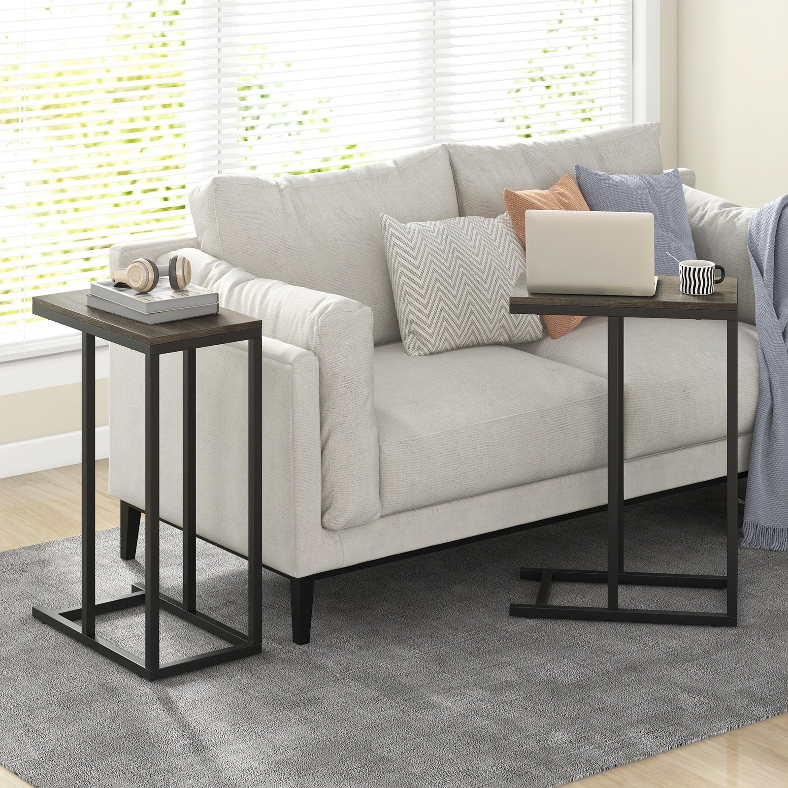 C-shaped Side Table with Heavy-duty Metal Frame-Black
