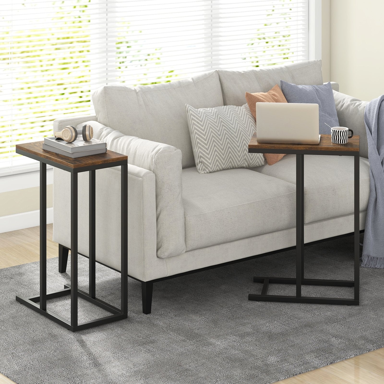 C-shaped Side Table with Heavy-duty Metal Frame-Black