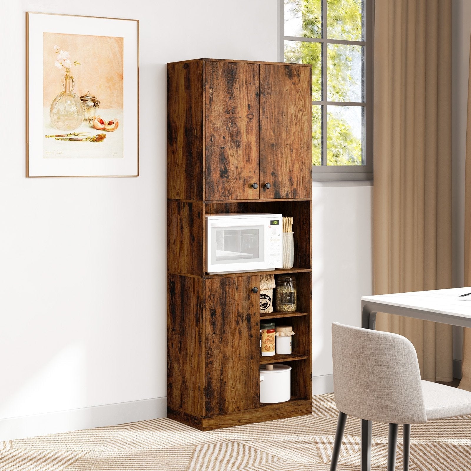 Kitchen Pantry Storage Cabinet with Microwave Stand and Open Shelves-Rustic Brown
