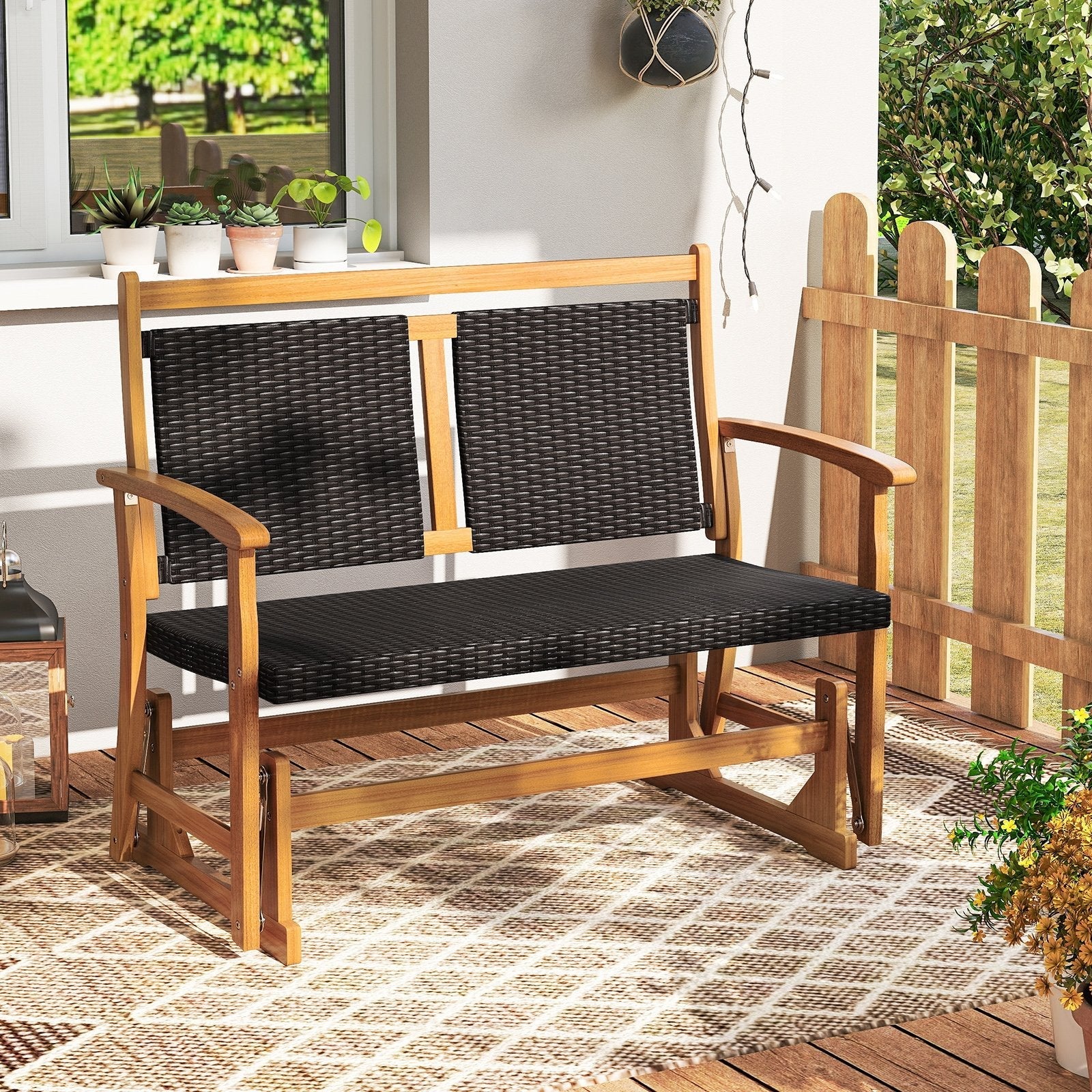 Patio Rattan Glider Chair with Acacia Wood Frame and Wicker Seat Back