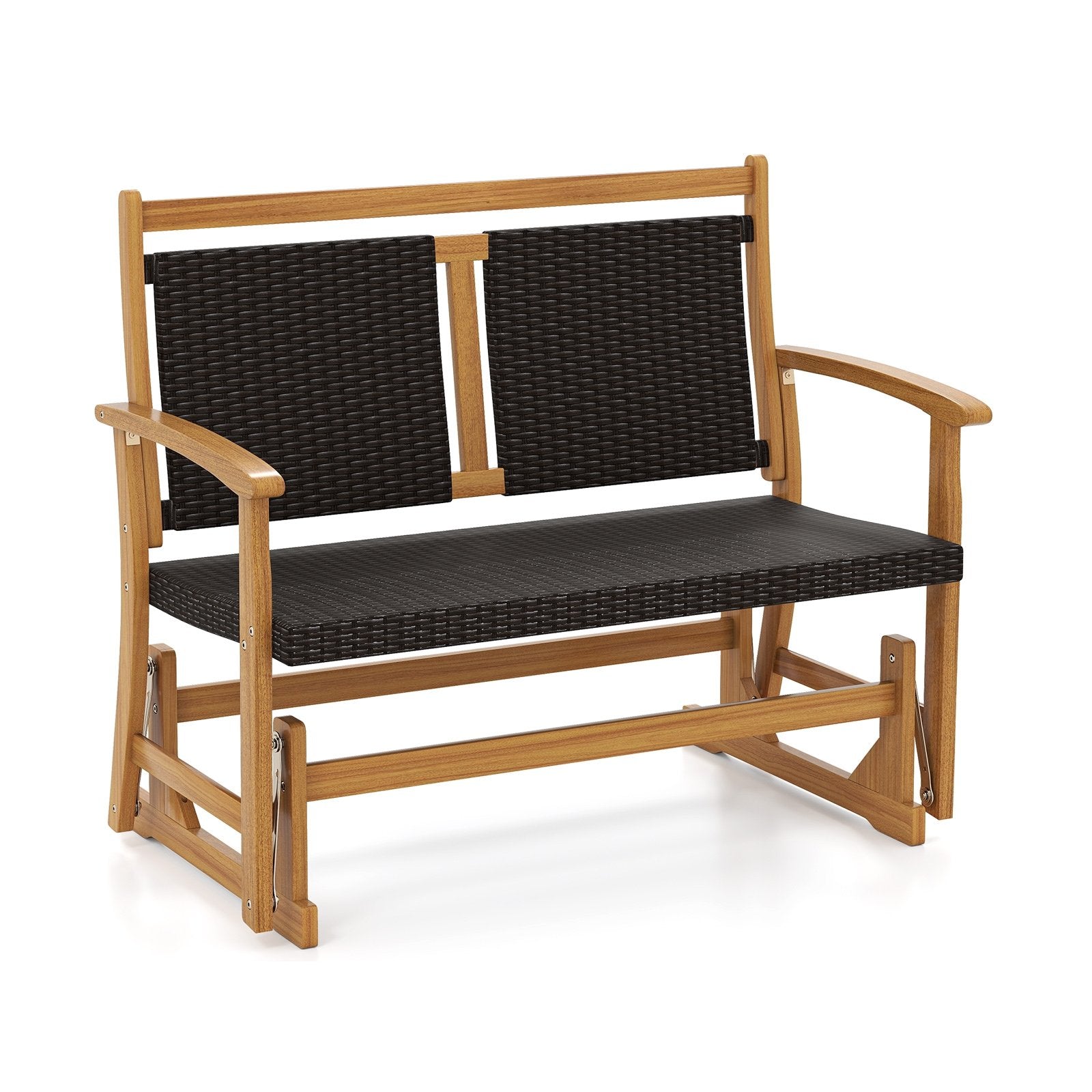 Patio Rattan Glider Chair with Acacia Wood Frame and Wicker Seat Back