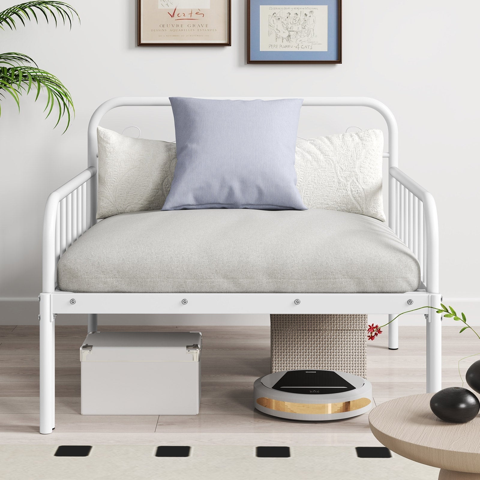 Extendable Metal Daybed to Twin Size Bed with Guardrails and Armrests-Black