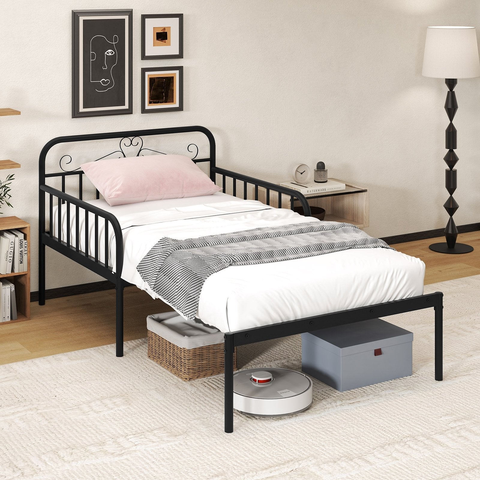Extendable Metal Daybed to Twin Size Bed with Guardrails and Armrests-Black