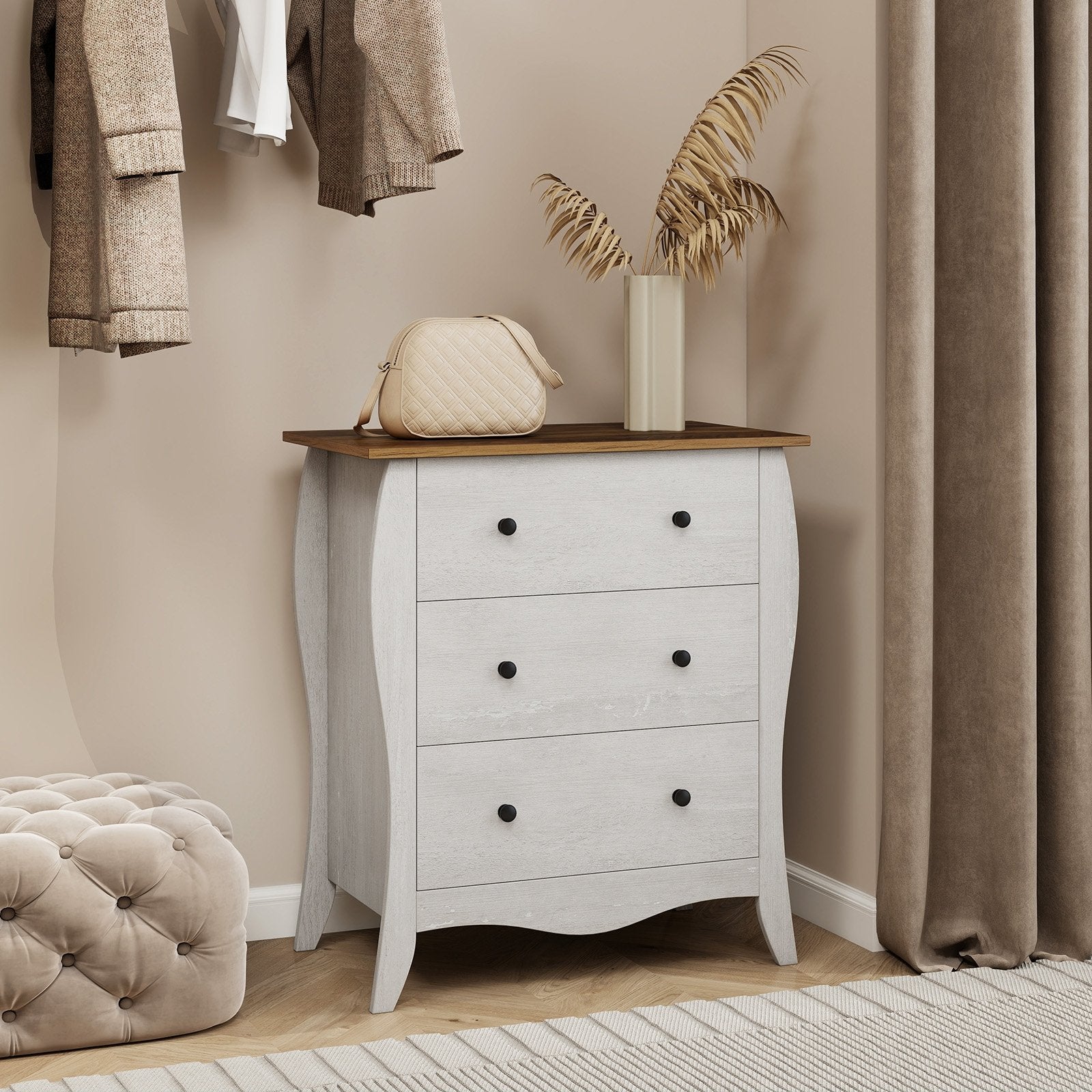 Dresser for Bedroom with 3 Folding Fabric Drawers and Anti-tipping Kit-Brown